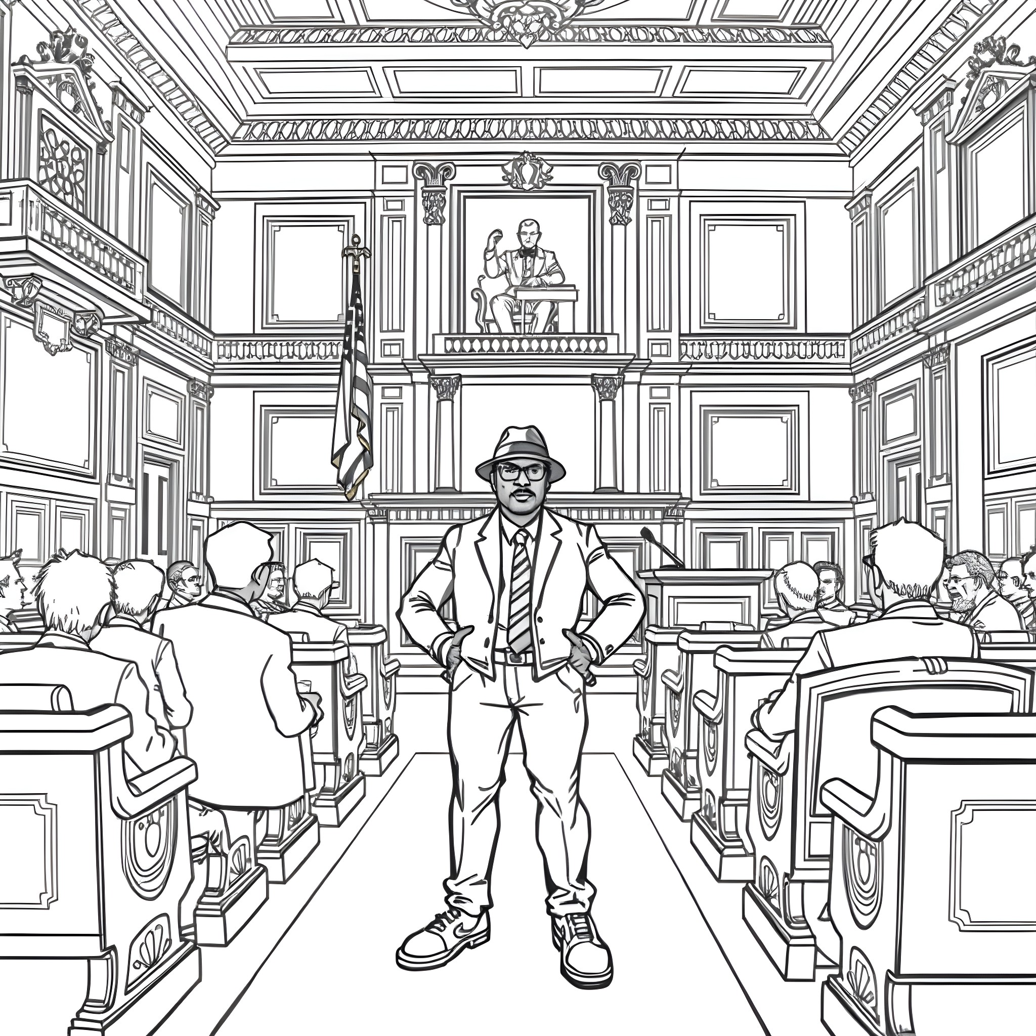 Diddy in a courtroom scene Coloring Page (free black-and-white line drawing printable PDF for all, from beginners to advanced learners, including children, teens, adults, and seniors)