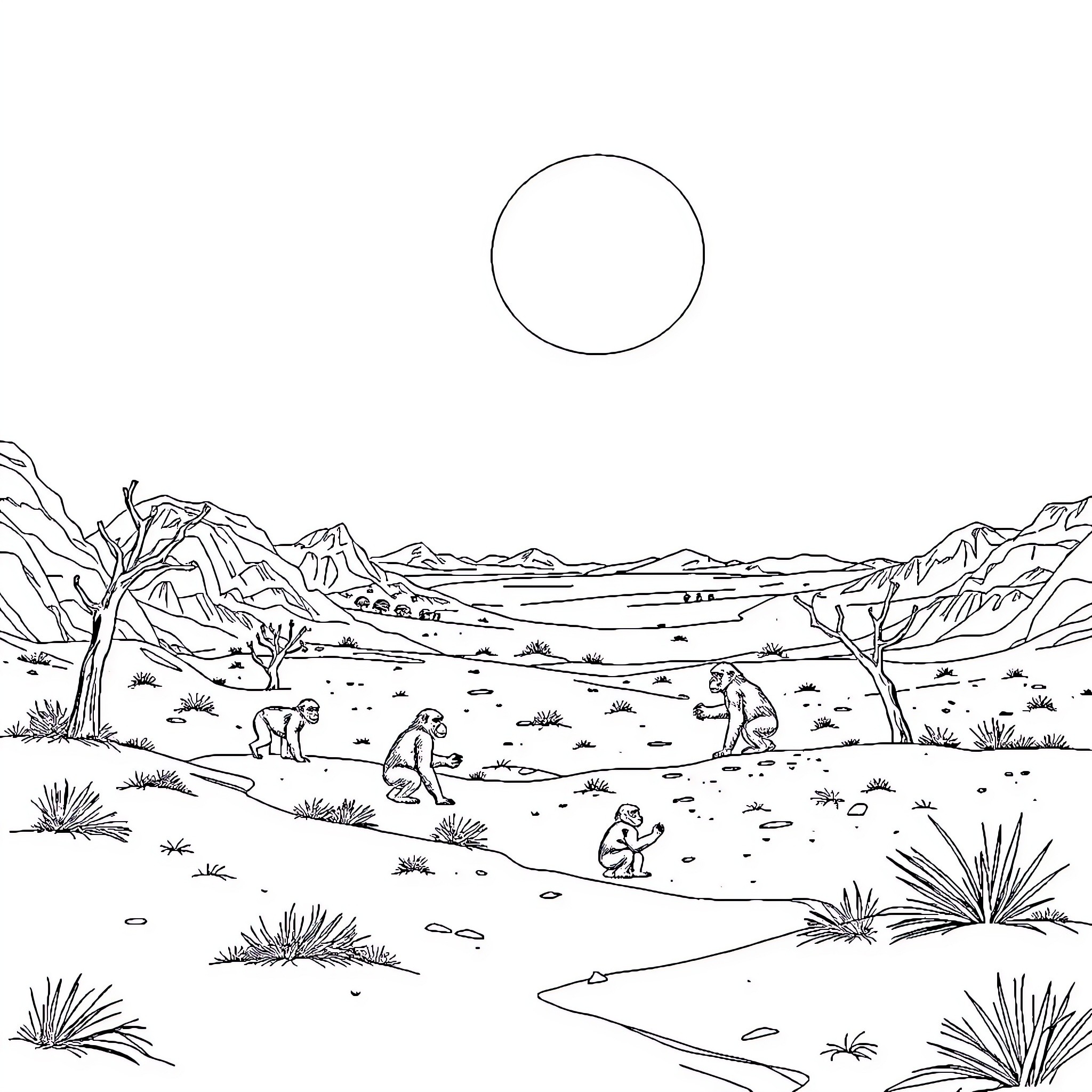 Ape exploring the rugged desert landscape Coloring Page (free black-and-white line drawing printable PDF for all, from beginners to advanced learners, including children, teens, adults, and seniors)