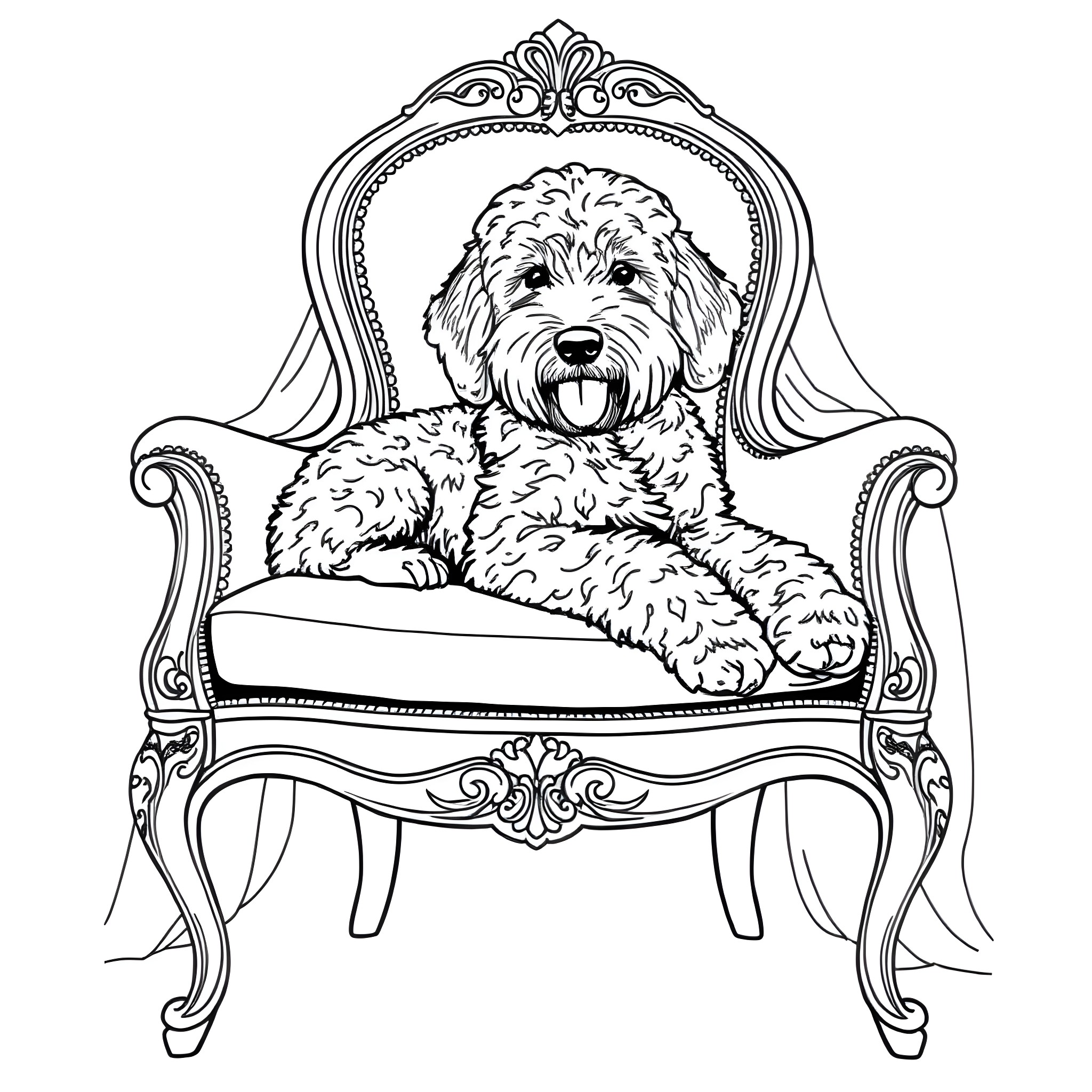 Labradoodle resting comfortably in an ornate chair Coloring Page (free black-and-white line drawing printable PDF for all, from beginners to advanced learners, including children, teens, adults, and seniors)