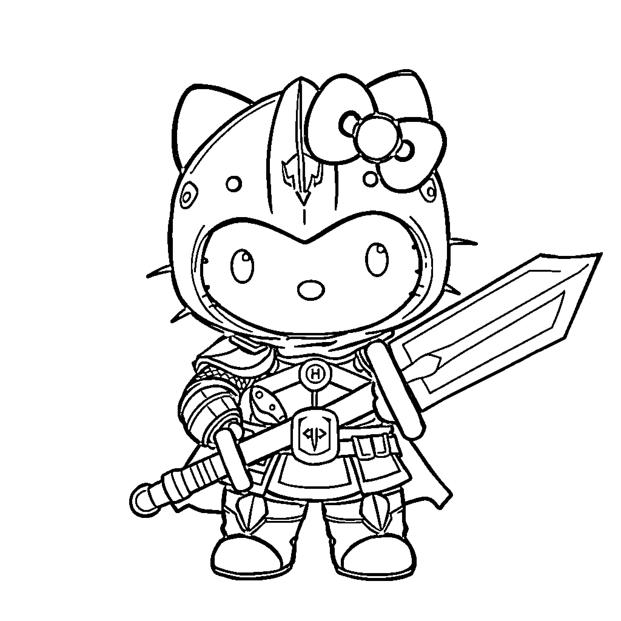 Hello Kitty as a brave warrior with sword Coloring Page (free black-and-white line drawing printable PDF for all, from beginners to advanced learners, including children, teens, adults, and seniors)