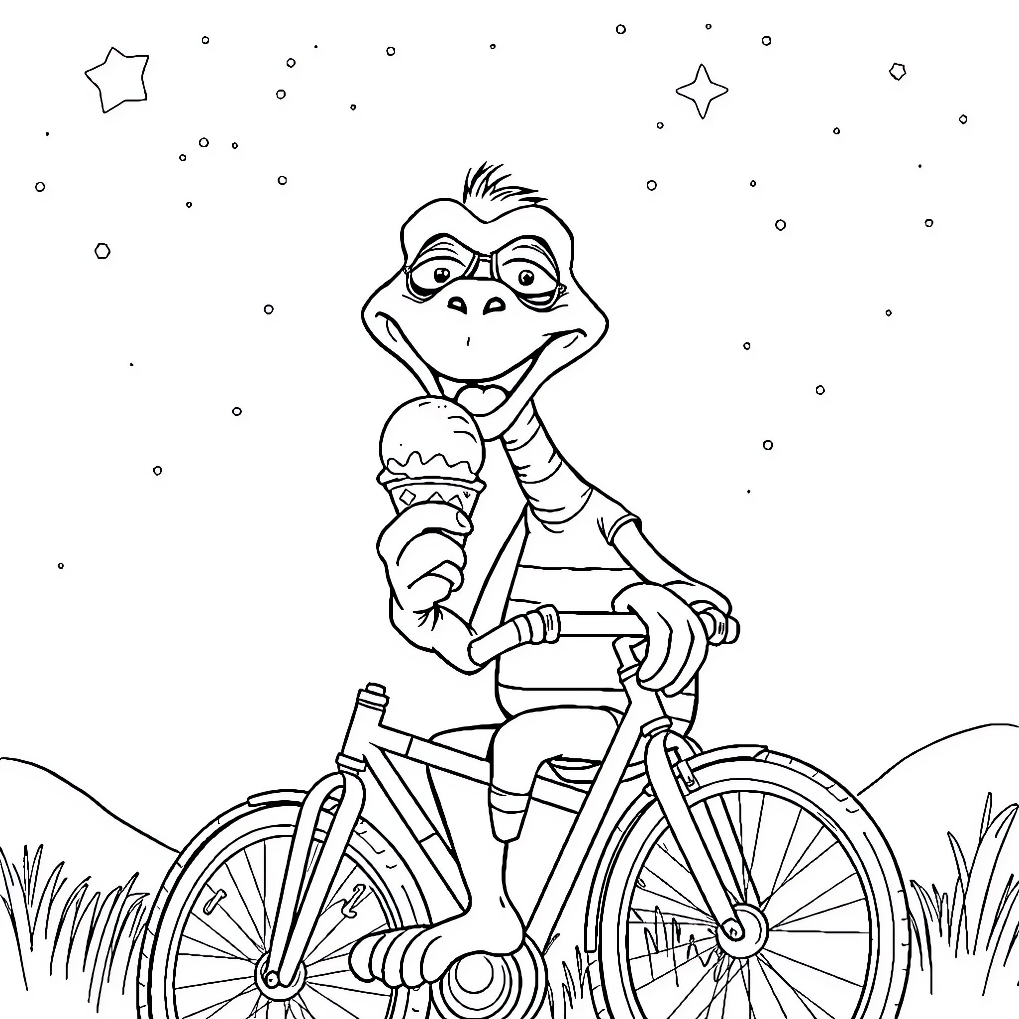 E.T. Extraterrestrial on a bicycle under the stars Coloring Page (free black-and-white line drawing printable PDF for all, from beginners to advanced learners, including children, teens, adults, and seniors)