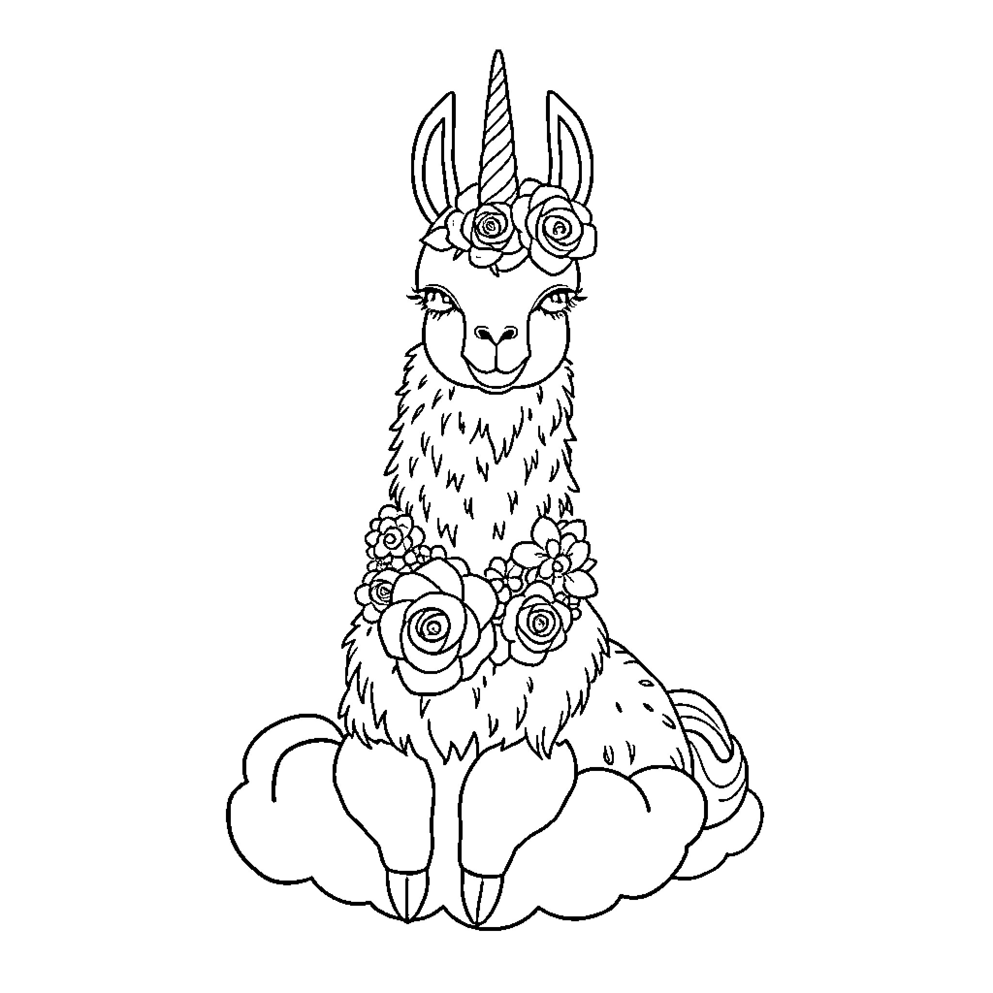 Llama with floral crown resting on clouds Coloring Page (free black-and-white line drawing printable PDF for all, from beginners to advanced learners, including children, teens, adults, and seniors)