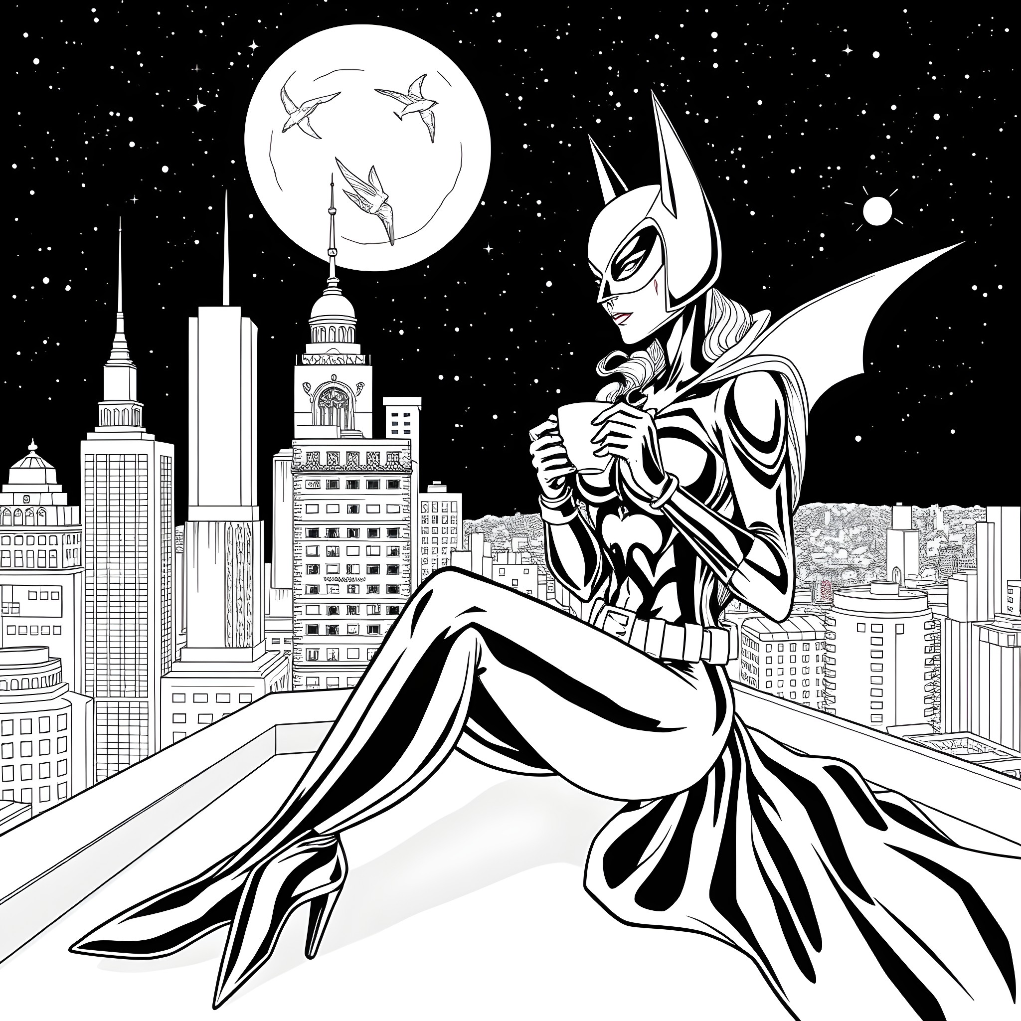Batwoman on the rooftop overlooking the city at night Coloring Page (free black-and-white line drawing printable PDF for all, from beginners to advanced learners, including children, teens, adults, and seniors)