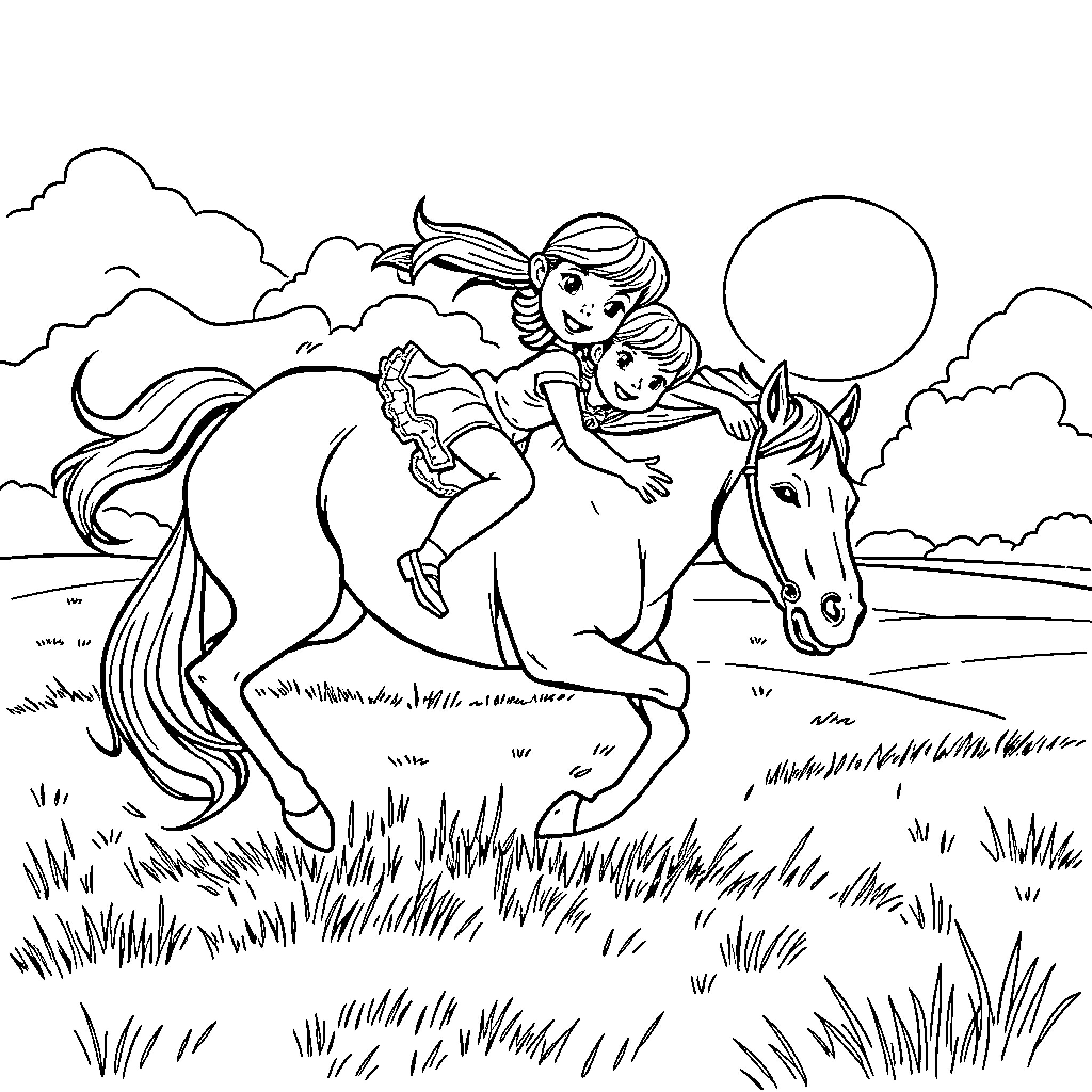 Girl riding horse through countryside landscape Coloring Page (free black-and-white line drawing printable PDF for all, from beginners to advanced learners, including children, teens, adults, and seniors)