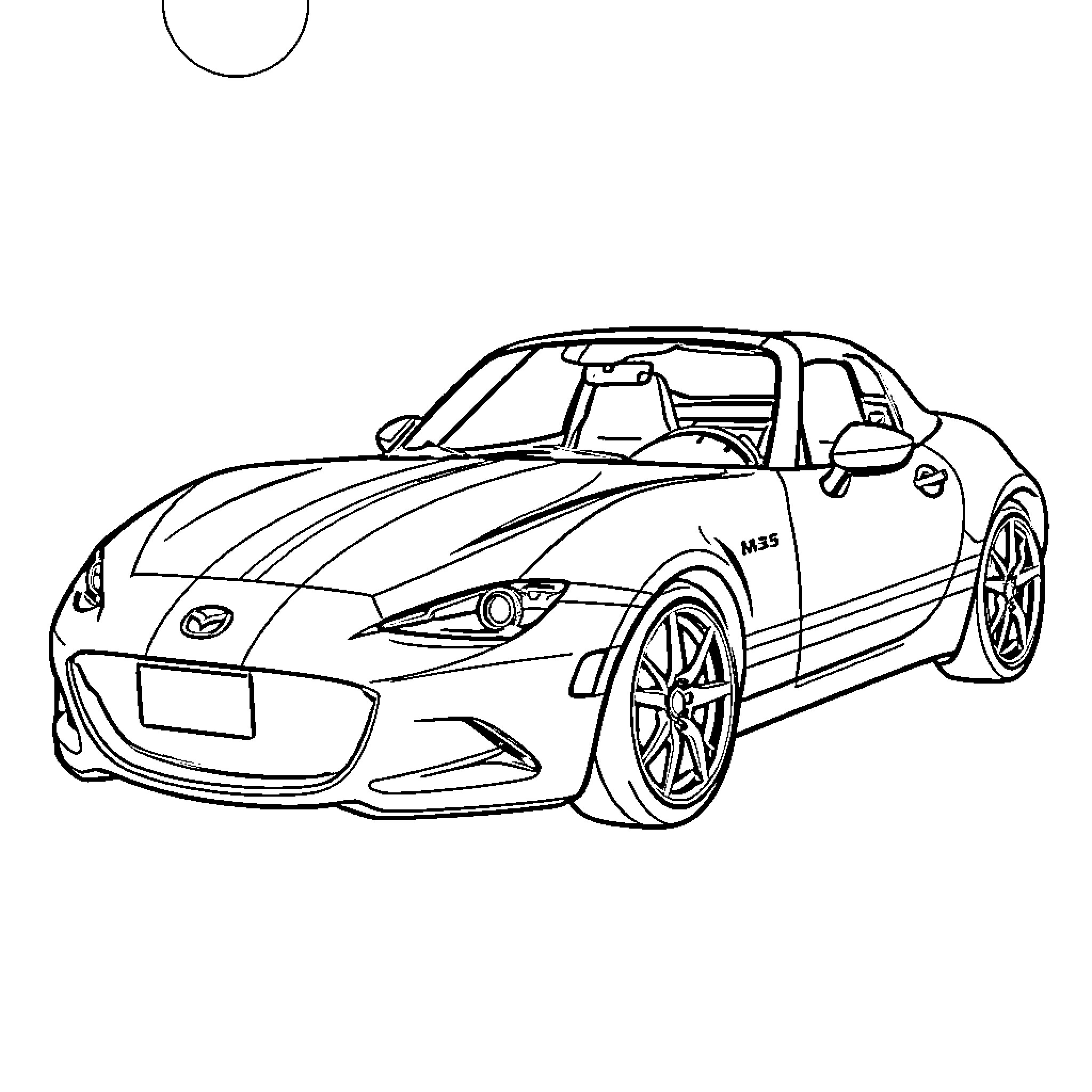 Mazda sports car in dynamic pose Coloring Page (free black-and-white line drawing printable PDF for all, from beginners to advanced learners, including children, teens, adults, and seniors)
