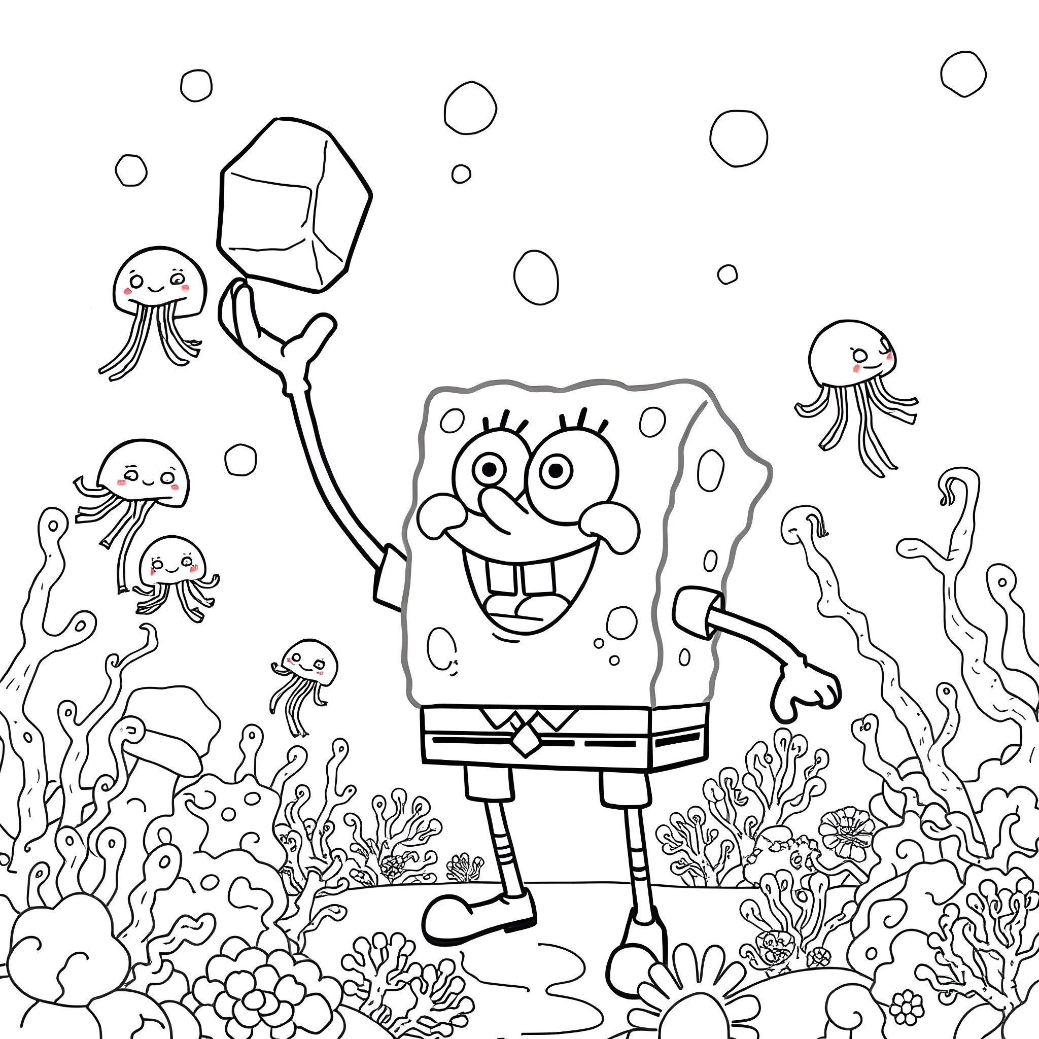 Spongebob playing joyfully in an underwater marine environment Coloring Page (free black-and-white line drawing printable PDF for all, from beginners to advanced learners, including children, teens, adults, and seniors)