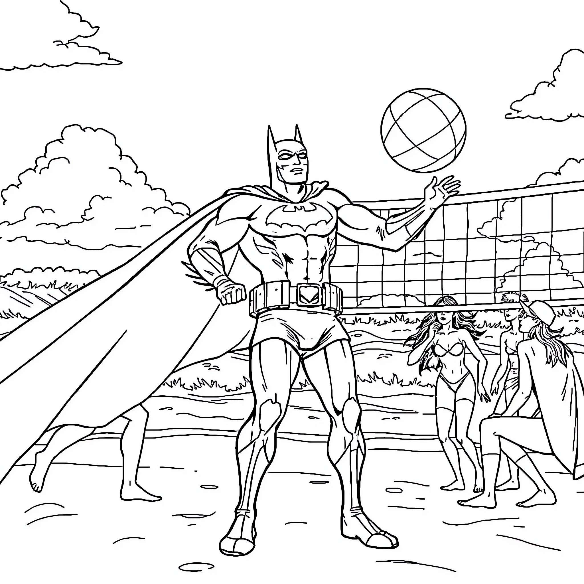 Batman playing volleyball with a group of people Coloring Page (free black-and-white line drawing printable PDF for all, from beginners to advanced learners, including children, teens, adults, and seniors)