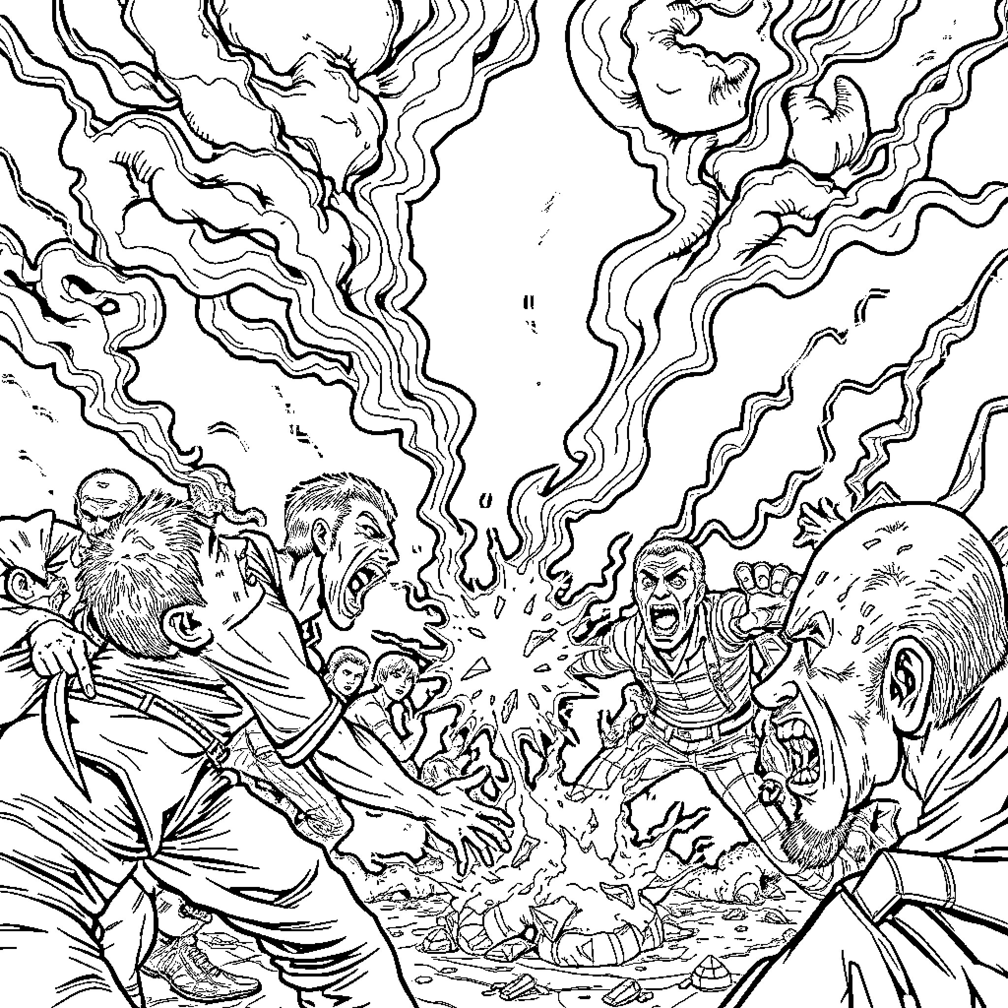 Volatile Clash of Ferocious Combatants Coloring Page (free black-and-white line drawing printable PDF for all, from beginners to advanced learners, including children, teens, adults, and seniors)