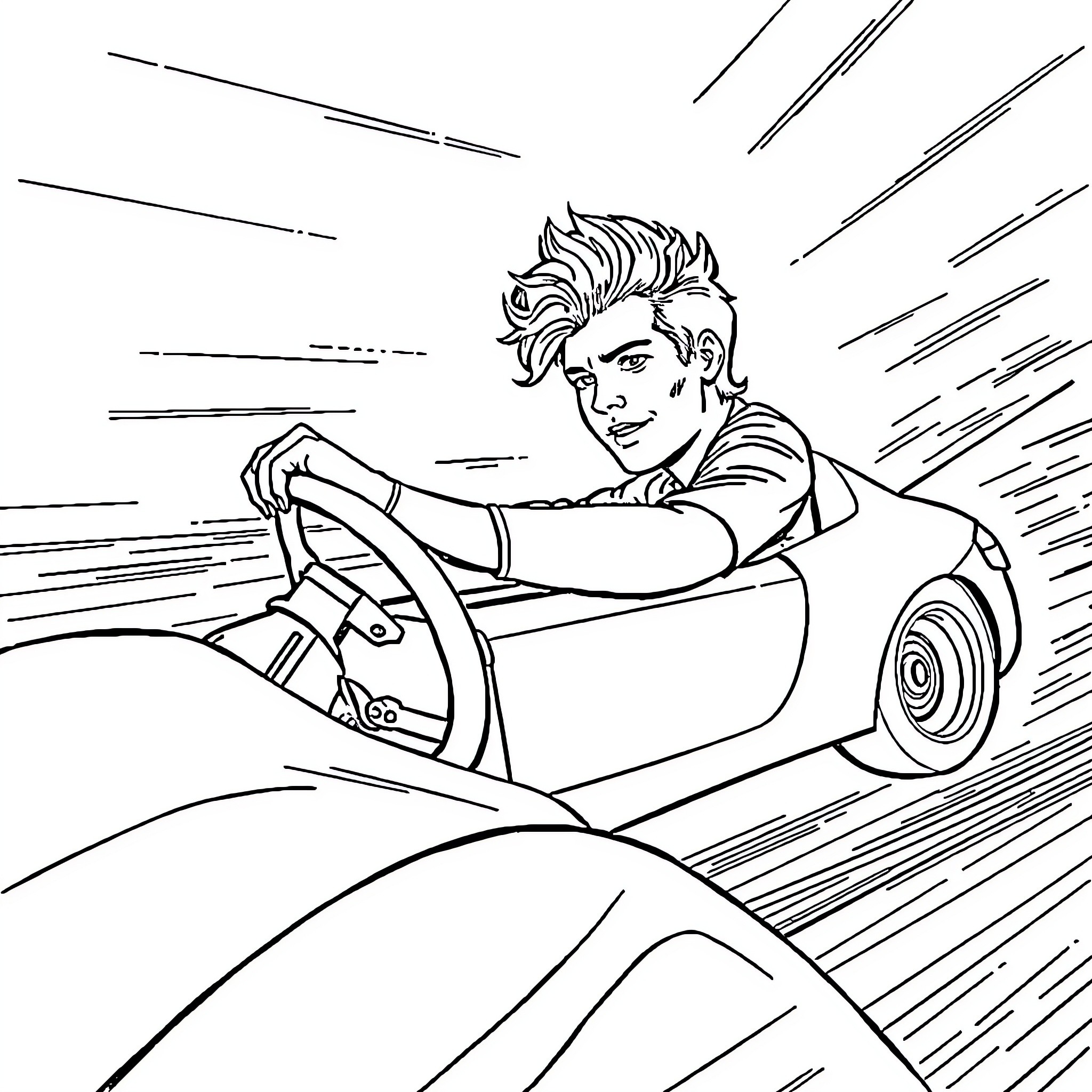 Harry Styles driving a speeding car on the road Coloring Page (free black-and-white line drawing printable PDF for all, from beginners to advanced learners, including children, teens, adults, and seniors)