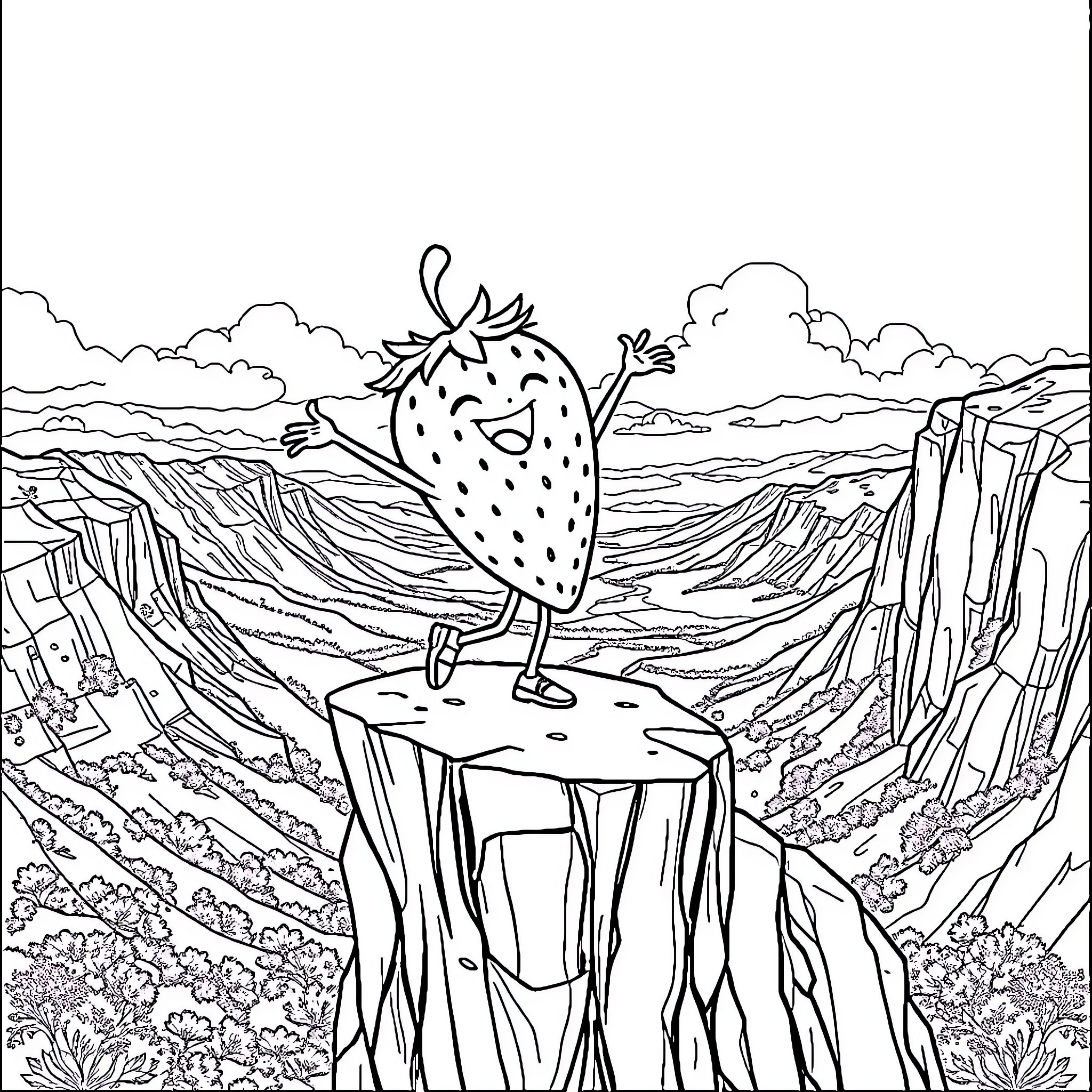 Strawberry character standing on a cliff overlooking a landscape Coloring Page (free black-and-white line drawing printable PDF for all, from beginners to advanced learners, including children, teens, adults, and seniors)