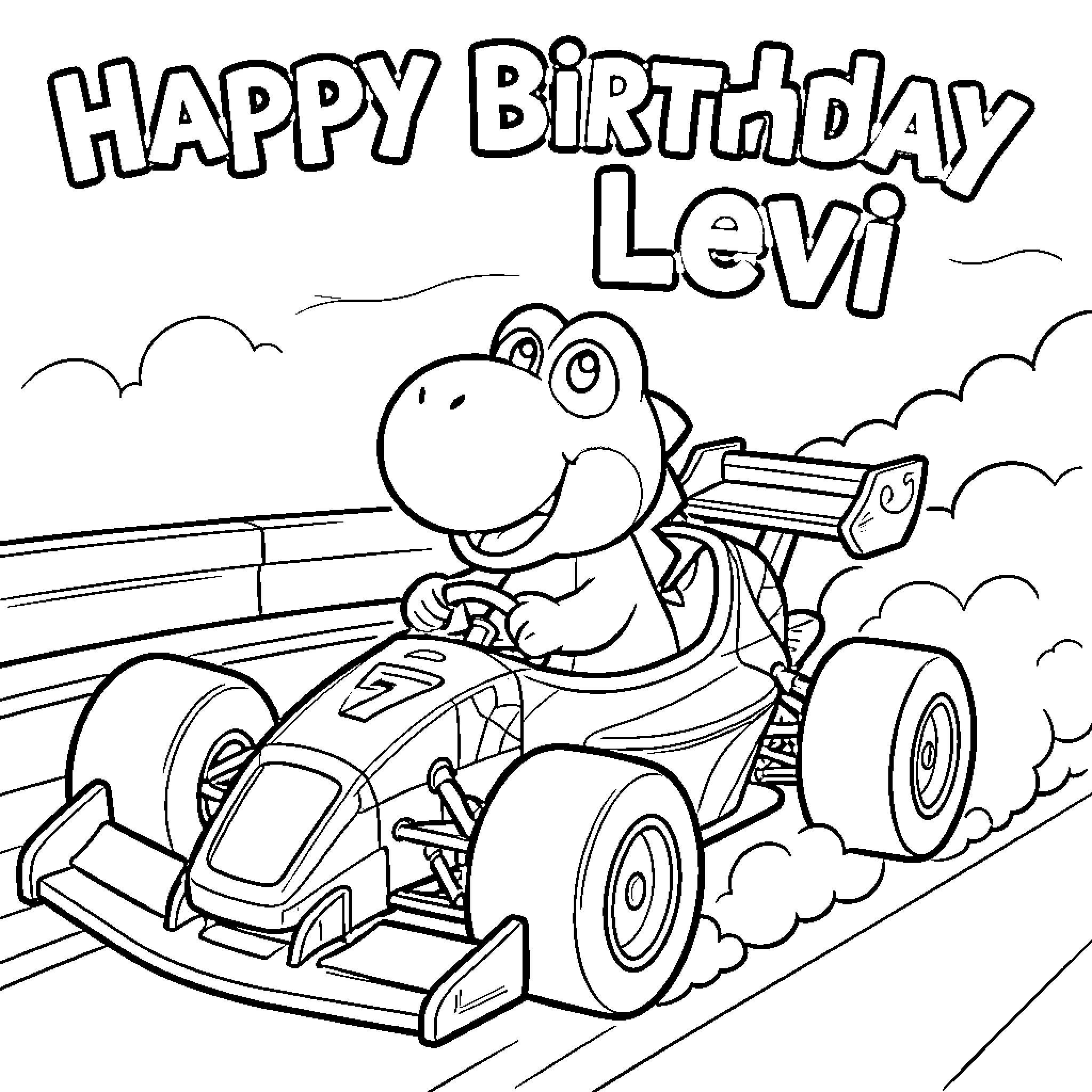 Yoshi racing in a high-speed kart Coloring Page (free black-and-white line drawing printable PDF for all, from beginners to advanced learners, including children, teens, adults, and seniors)
