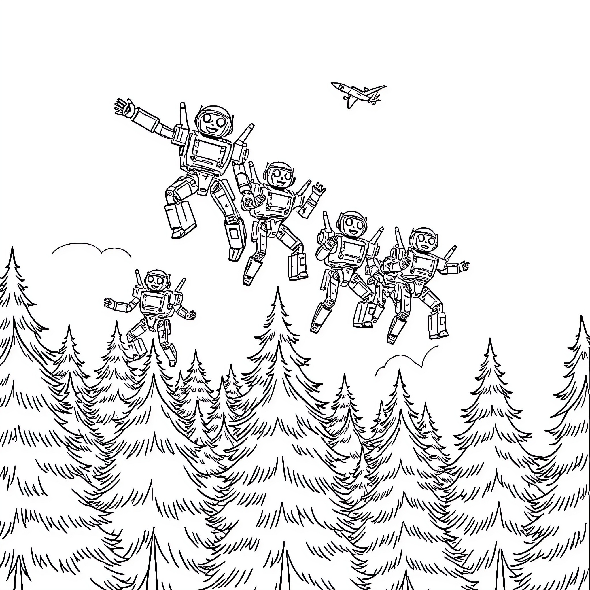 Robot heroes soaring over a forested landscape Coloring Page (free black-and-white line drawing printable PDF for all, from beginners to advanced learners, including children, teens, adults, and seniors)