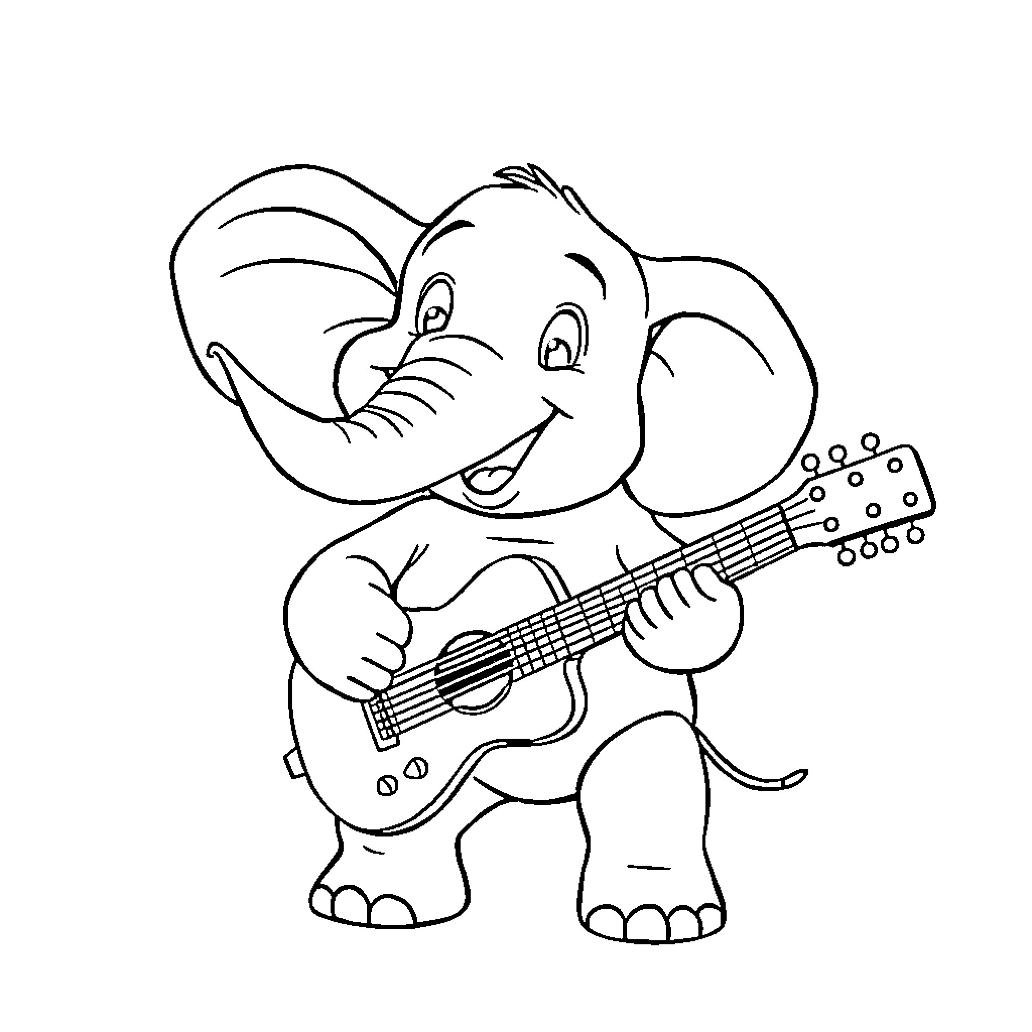 Elephant playing a guitar happily Coloring Page (free black-and-white line drawing printable PDF for all, from beginners to advanced learners, including children, teens, adults, and seniors)
