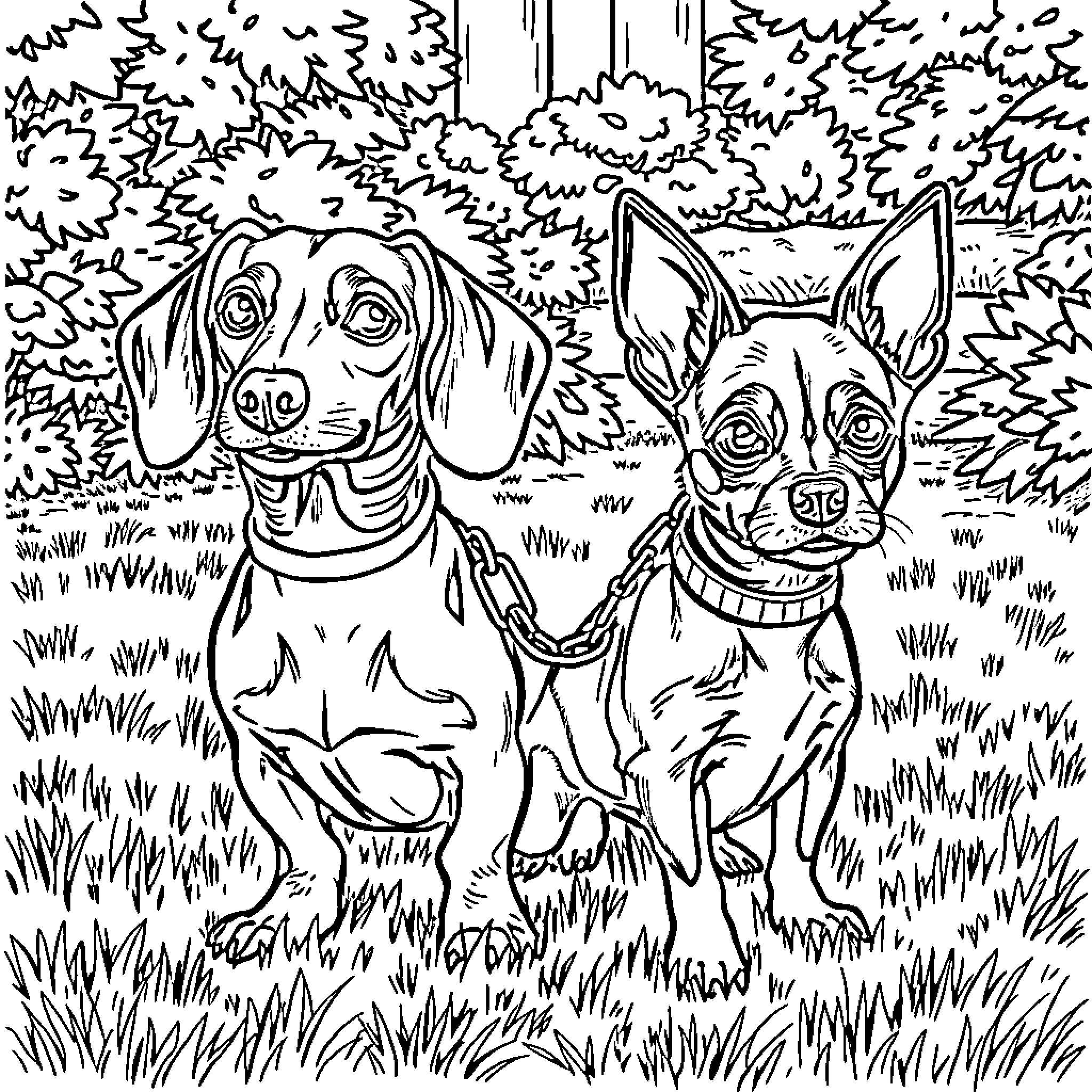 Dachshund companions exploring the outdoors Coloring Page (free black-and-white line drawing printable PDF for all, from beginners to advanced learners, including children, teens, adults, and seniors)