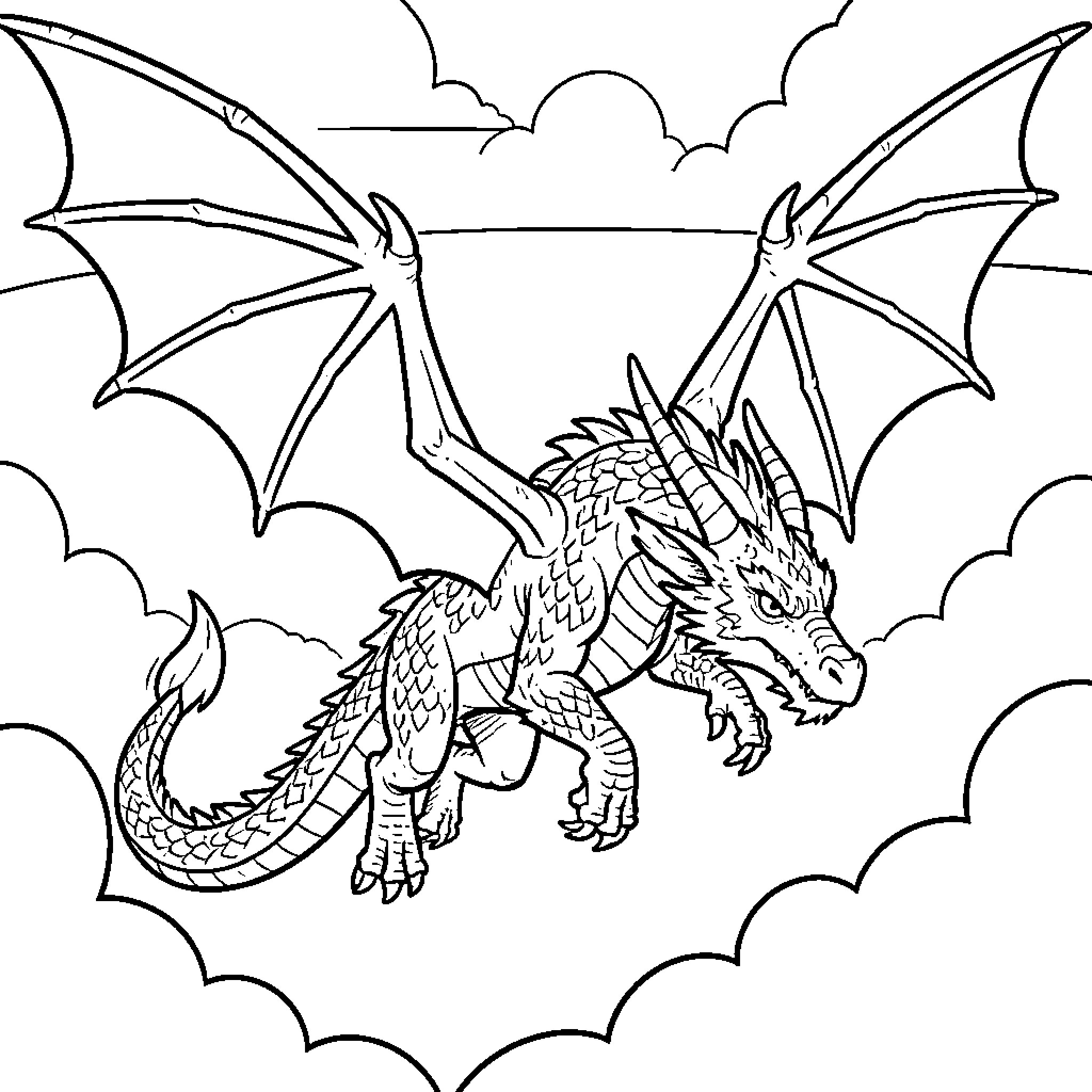Dragon soaring majestically through the clouds Coloring Page (free black-and-white line drawing printable PDF for all, from beginners to advanced learners, including children, teens, adults, and seniors)