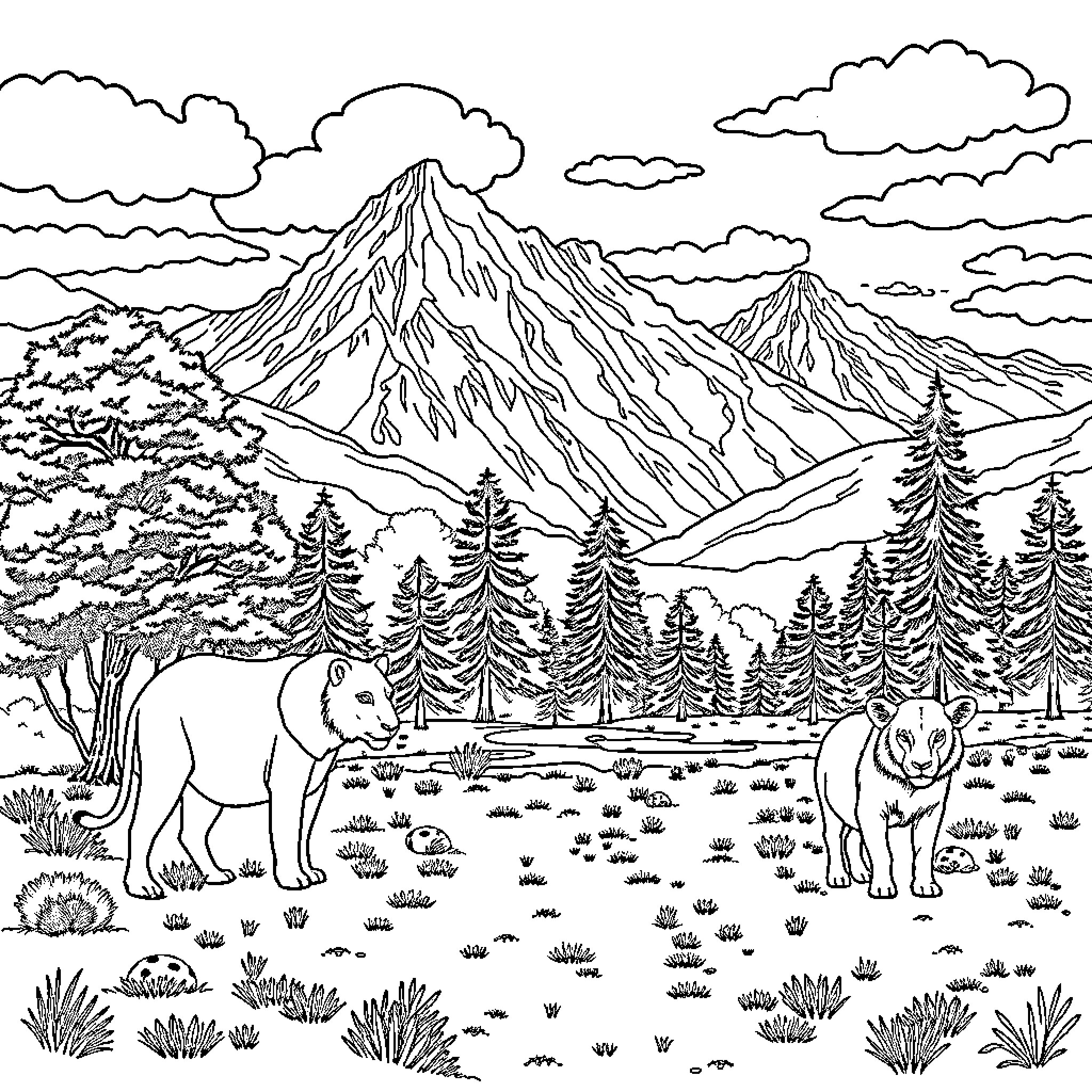 Animal landscape with mountain and forest scenery Coloring Page (free black-and-white line drawing printable PDF for all, from beginners to advanced learners, including children, teens, adults, and seniors)