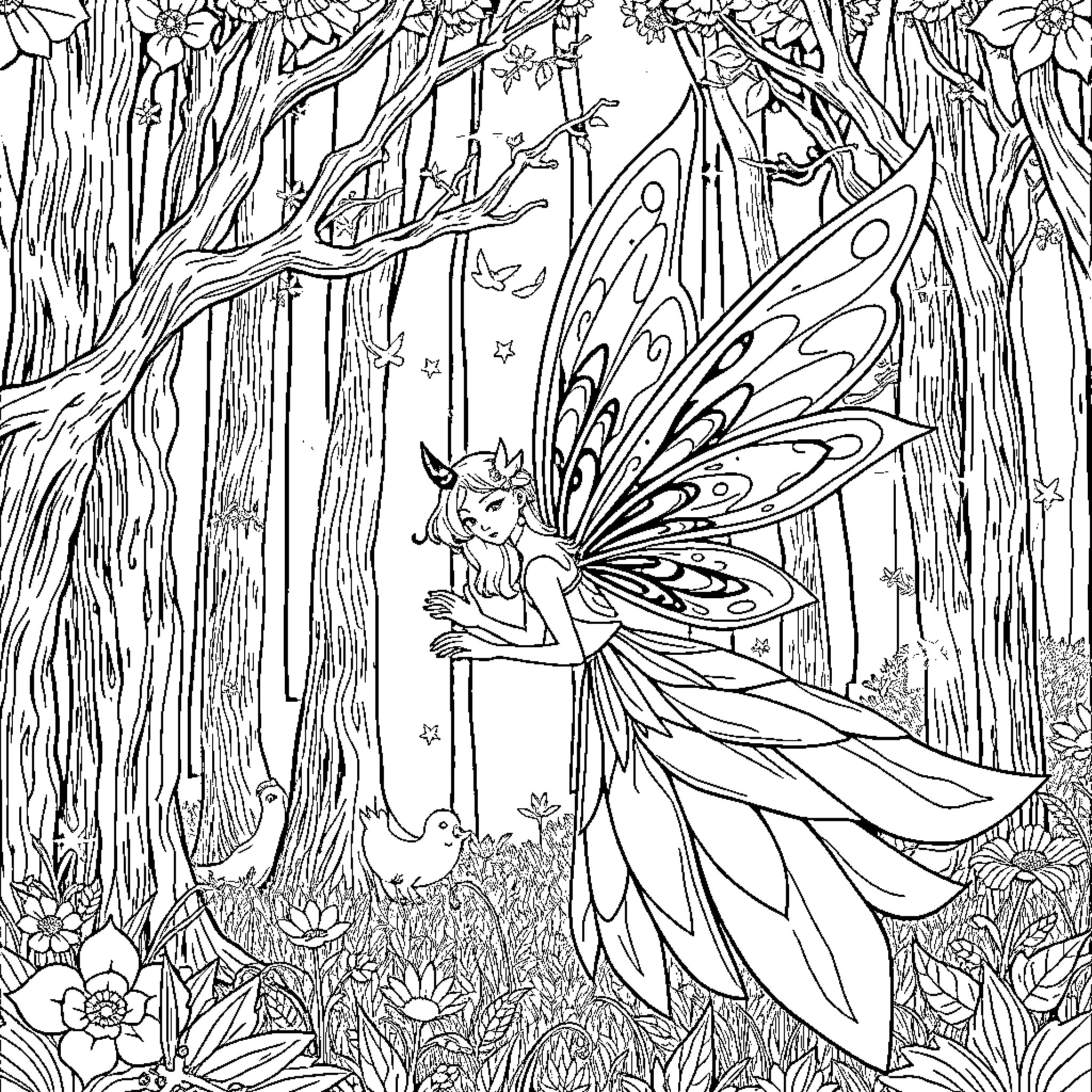 Fairy in a magical forest Coloring Page (free black-and-white line drawing printable PDF for all, from beginners to advanced learners, including children, teens, adults, and seniors)