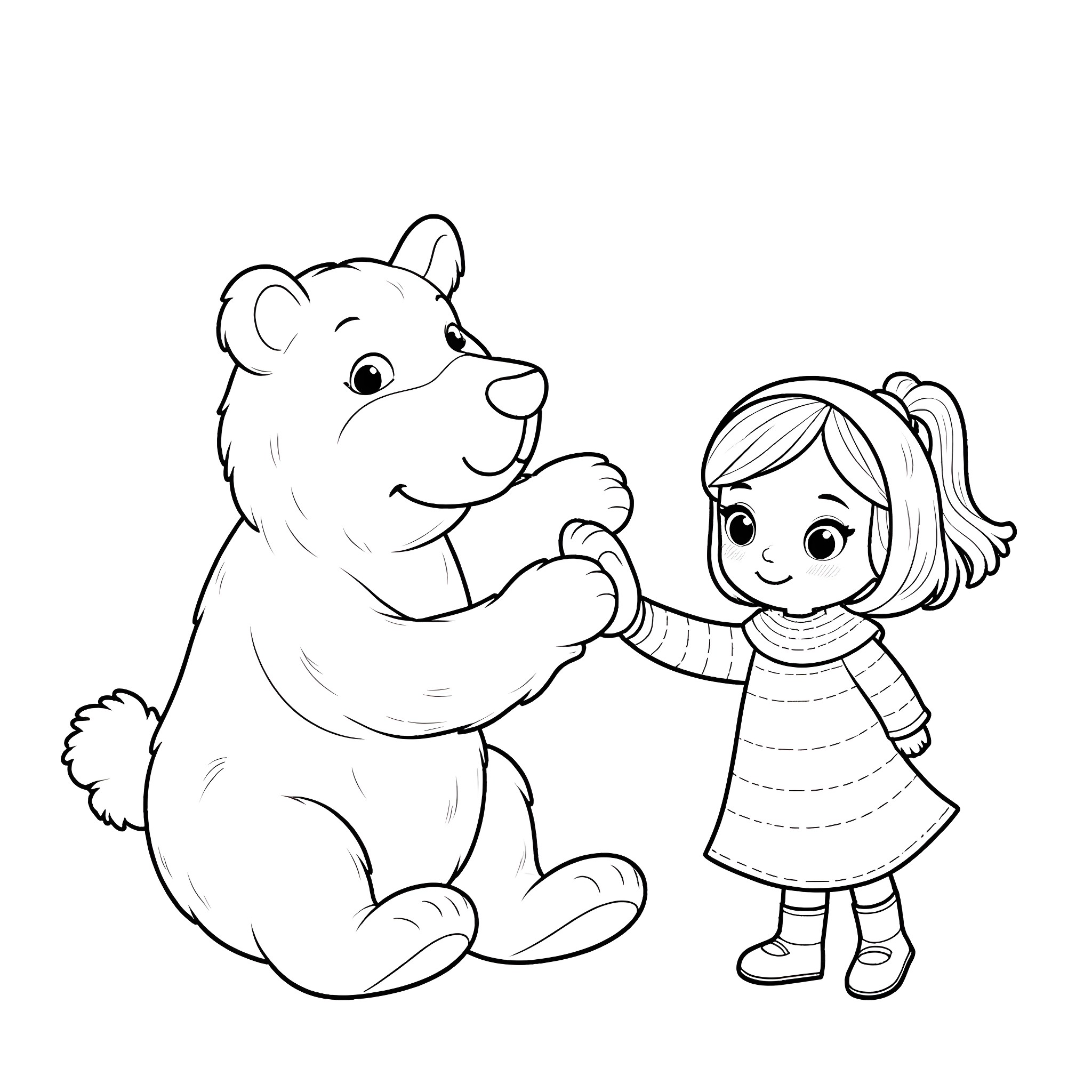 Masha hugging a friendly bear Coloring Page (free black-and-white line drawing printable PDF for all, from beginners to advanced learners, including children, teens, adults, and seniors)