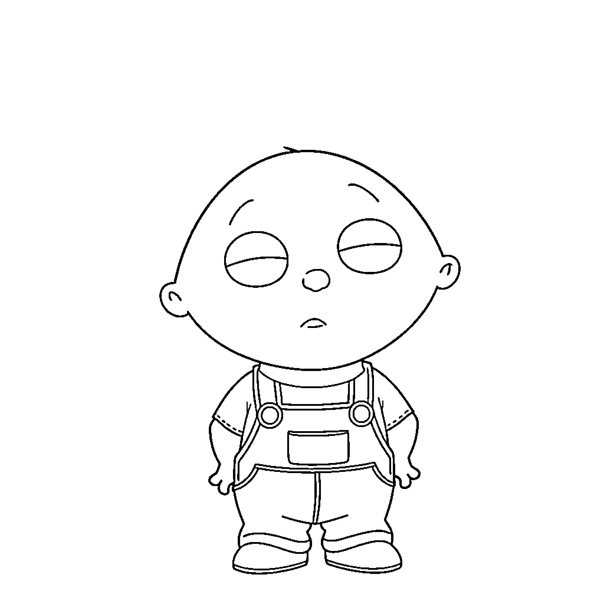 Stewie feeling upset in overalls Coloring Page (free black-and-white line drawing printable PDF for all, from beginners to advanced learners, including children, teens, adults, and seniors)