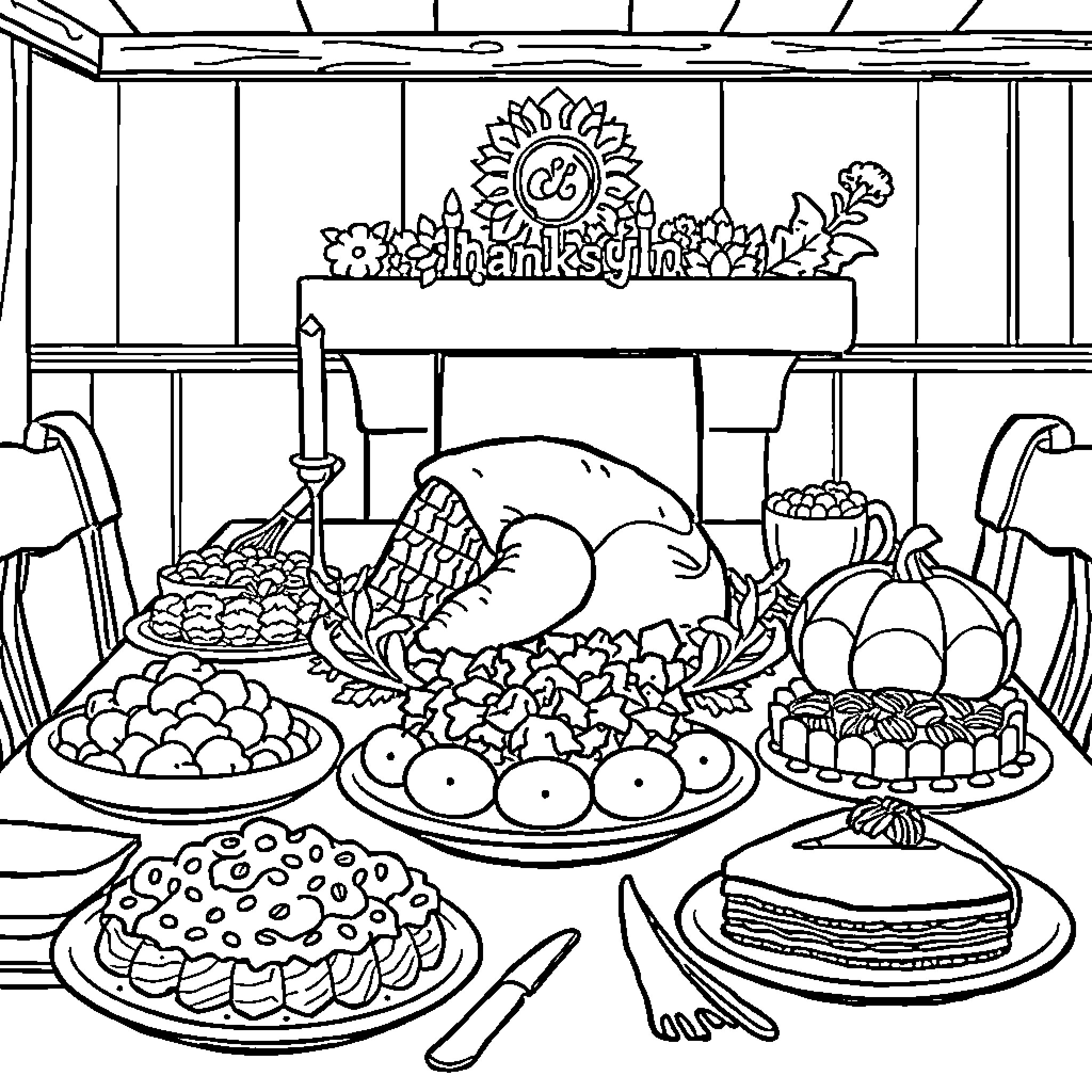 Thanksgiving Feast with Abundant Food and Decor Coloring Page (free black-and-white line drawing printable PDF for all, from beginners to advanced learners, including children, teens, adults, and seniors)