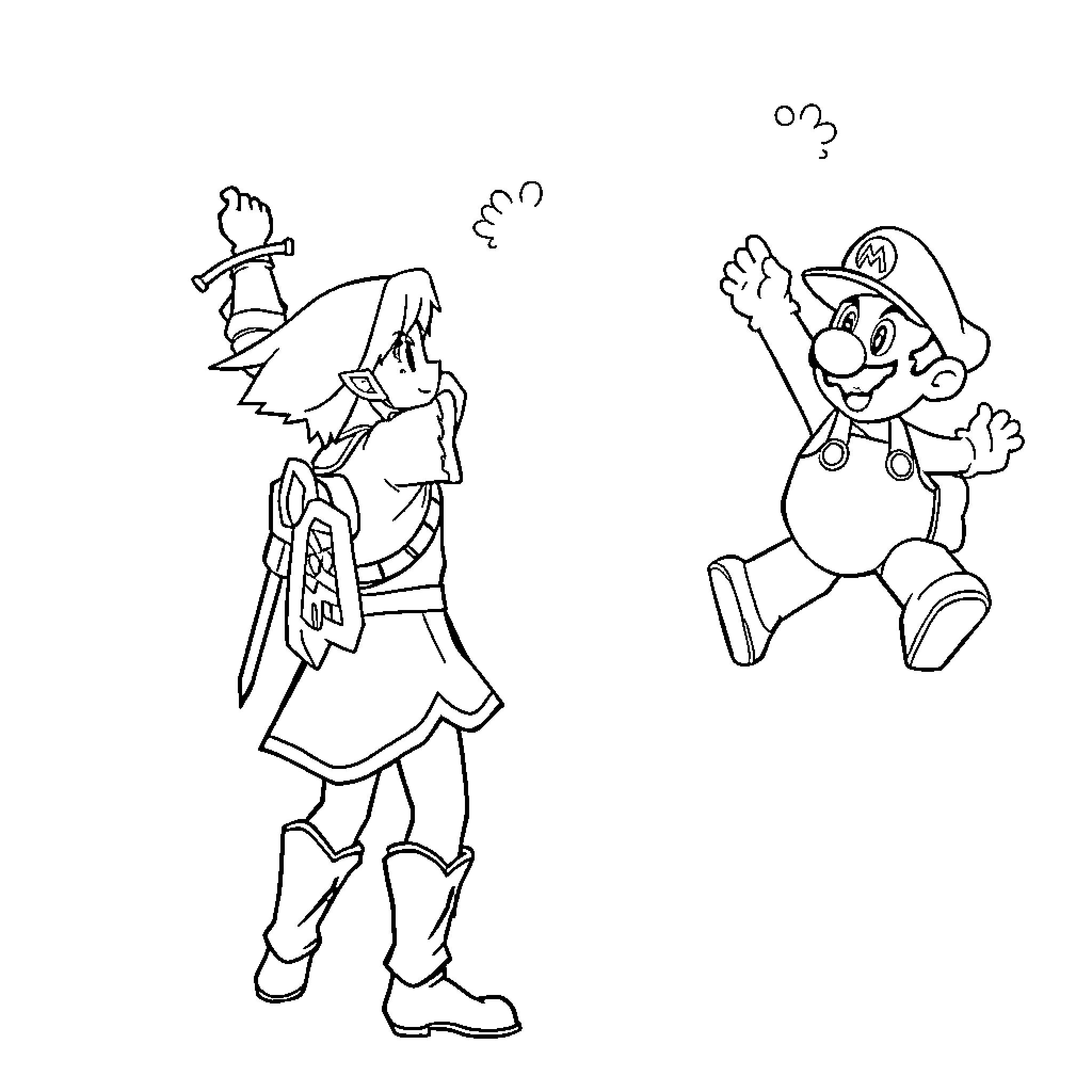 Link Battling Alongside Mario in Adventure Coloring Page (free black-and-white line drawing printable PDF for all, from beginners to advanced learners, including children, teens, adults, and seniors)