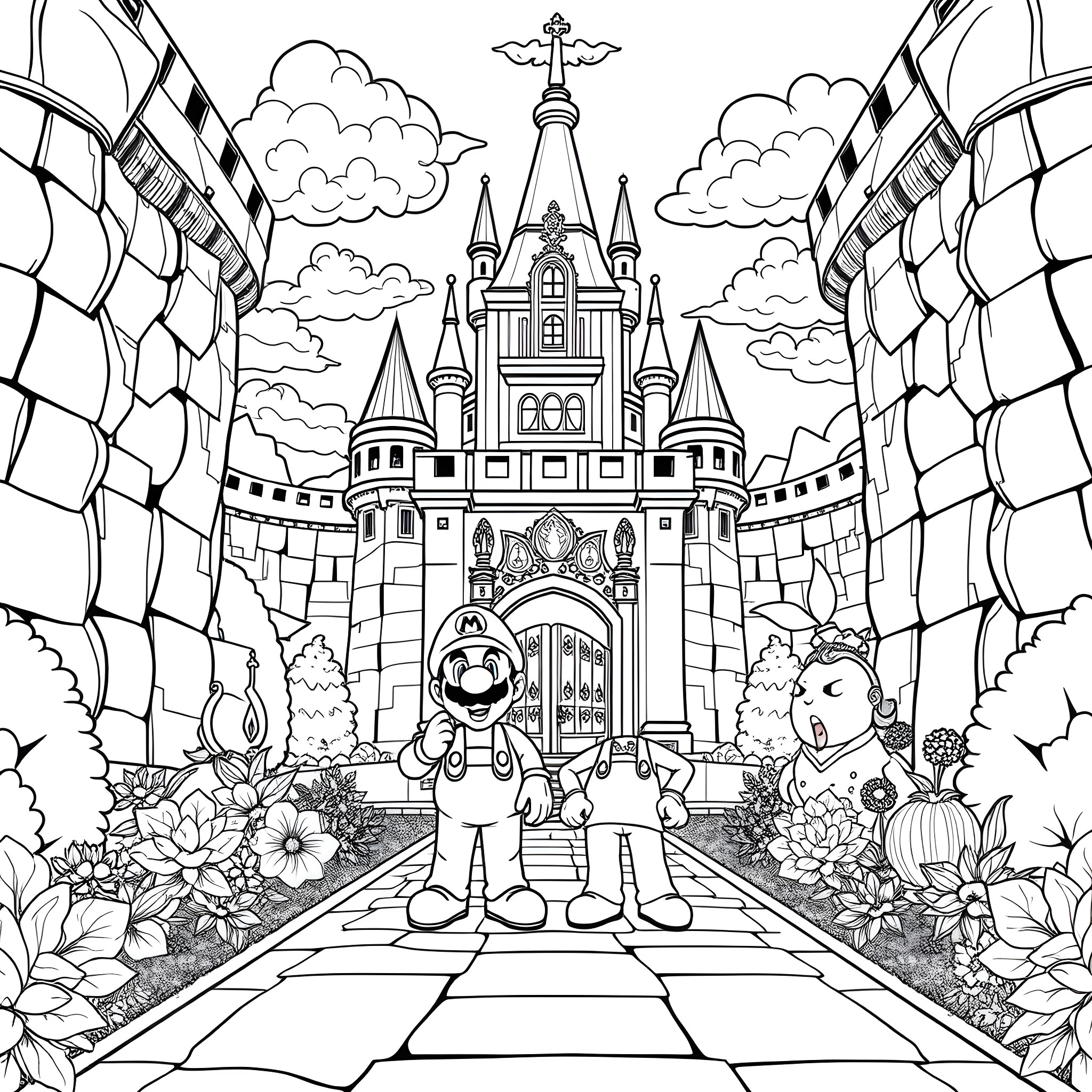 Mario explores a whimsical castle in the clouds Coloring Page (free black-and-white line drawing printable PDF for all, from beginners to advanced learners, including children, teens, adults, and seniors)