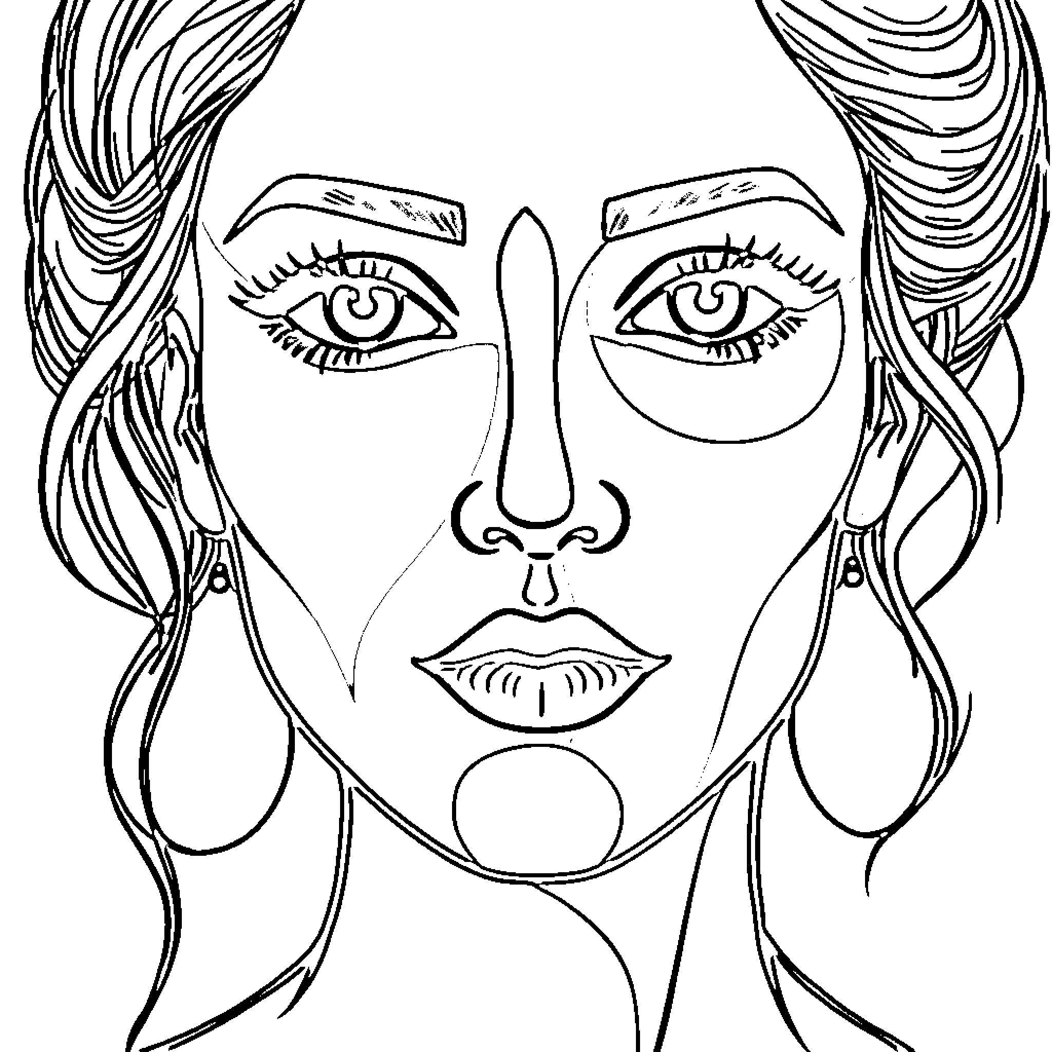 Lady with Elegant Facial Features and Flowing Hair Coloring Page (free black-and-white line drawing printable PDF for all, from beginners to advanced learners, including children, teens, adults, and seniors)