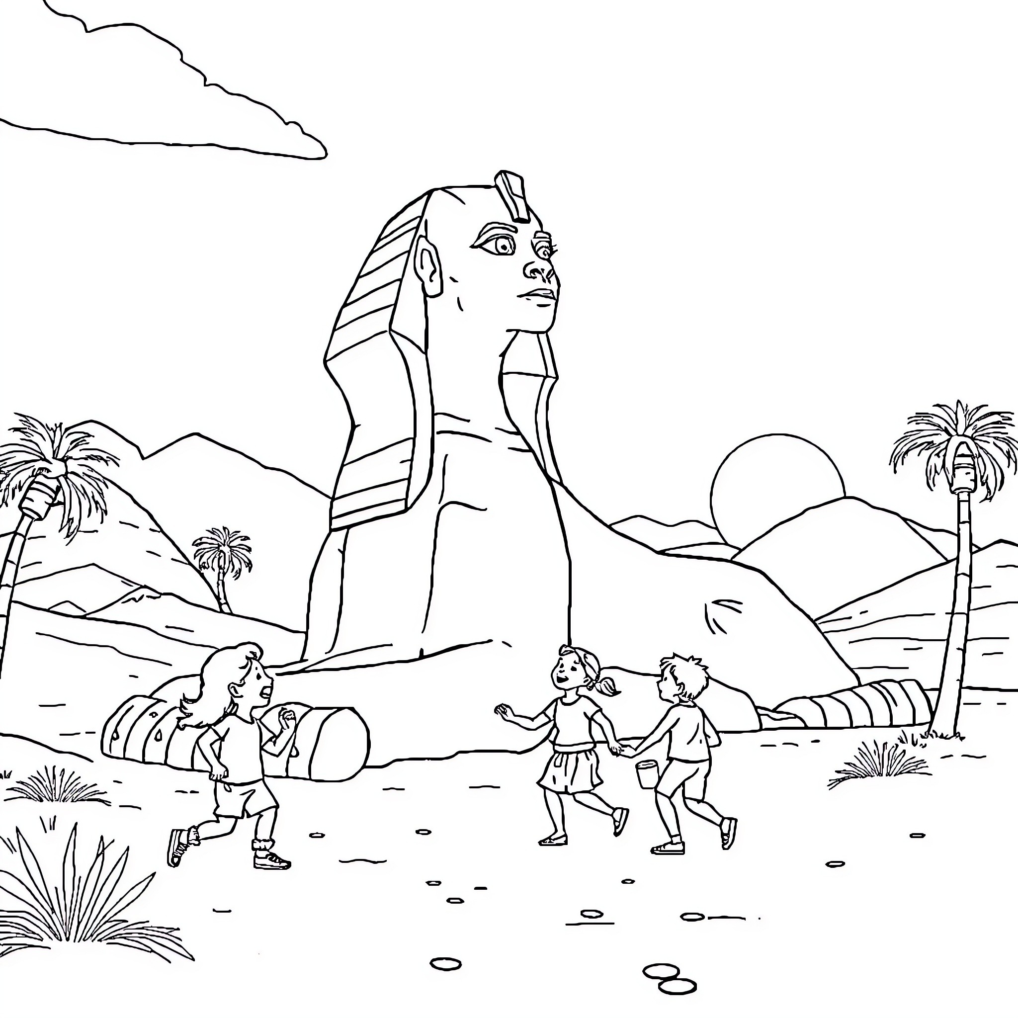 Kid explores ancient Egyptian landmark with friends Coloring Page (free black-and-white line drawing printable PDF for all, from beginners to advanced learners, including children, teens, adults, and seniors)
