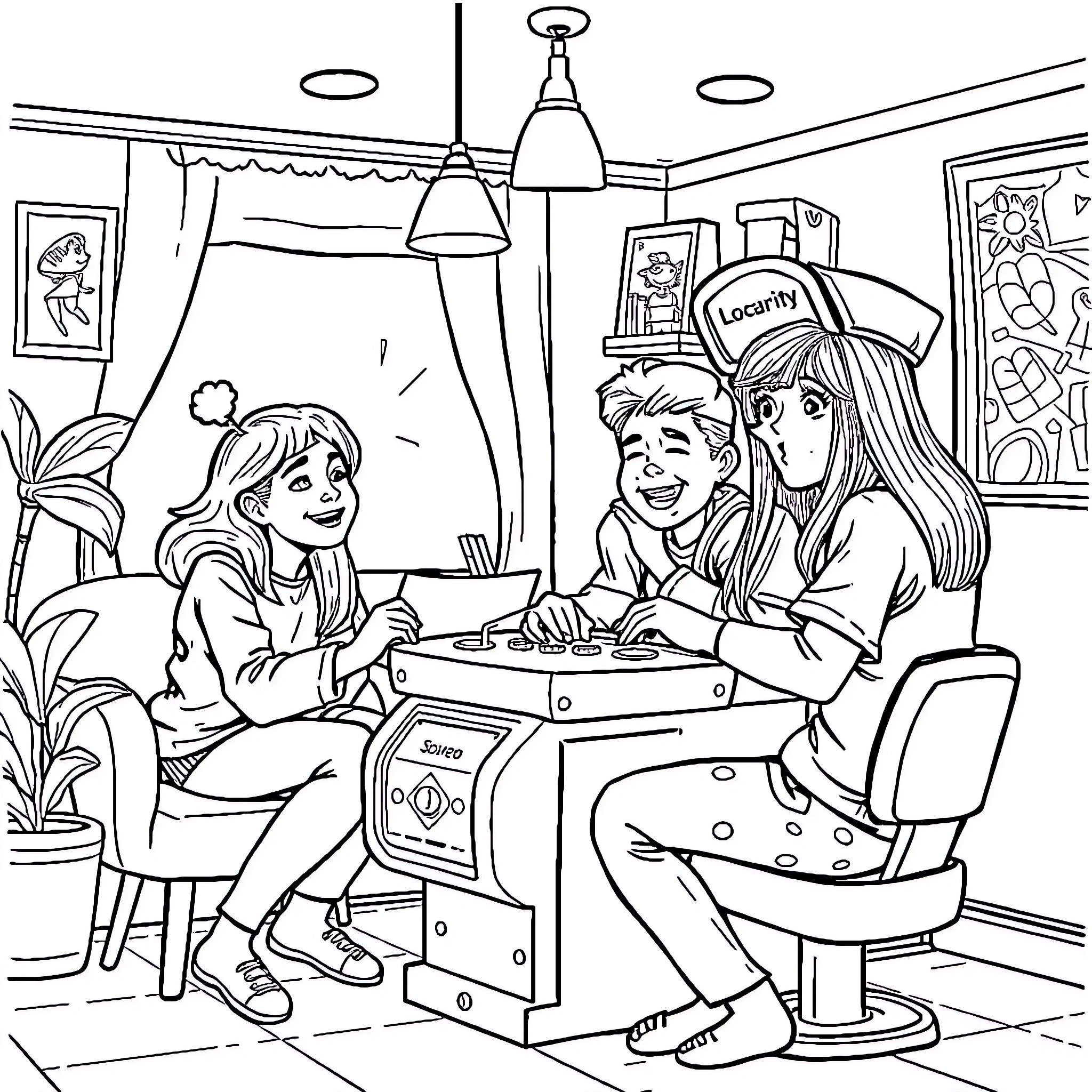 Friend enjoying quality time with others in cozy home Coloring Page (free black-and-white line drawing printable PDF for all, from beginners to advanced learners, including children, teens, adults, and seniors)