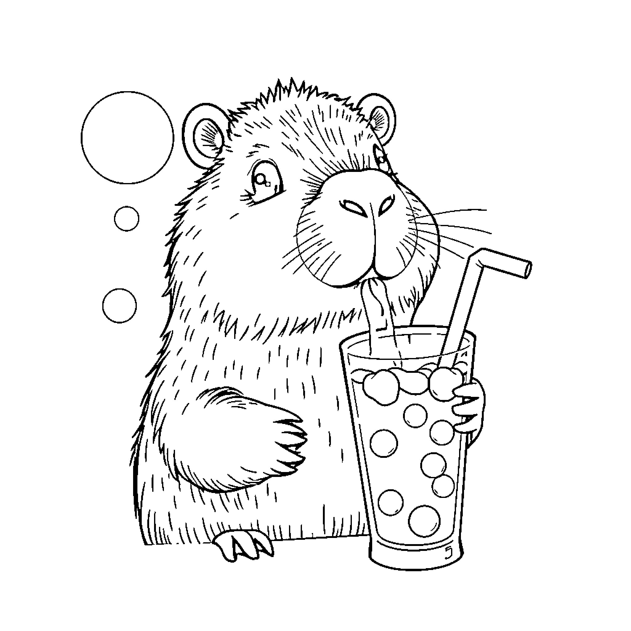 Capybara enjoying a refreshing beverage Coloring Page (free black-and-white line drawing printable PDF for all, from beginners to advanced learners, including children, teens, adults, and seniors)