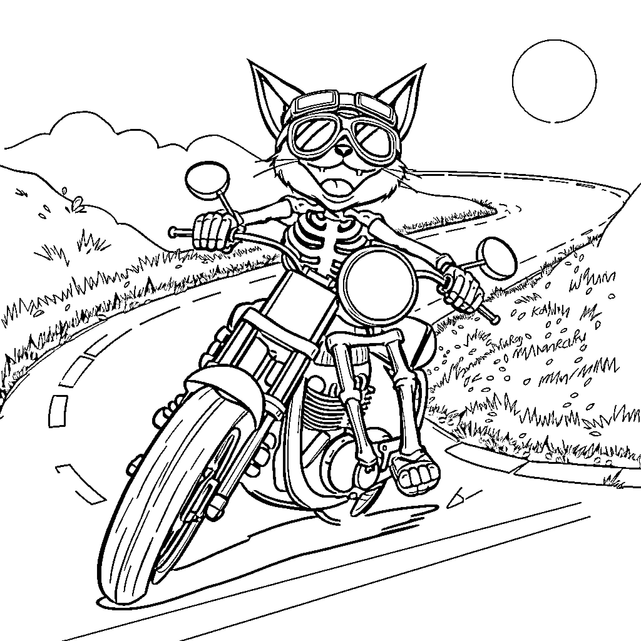 Skeleton Cat riding motorcycle on open road Coloring Page (free black-and-white line drawing printable PDF for all, from beginners to advanced learners, including children, teens, adults, and seniors)