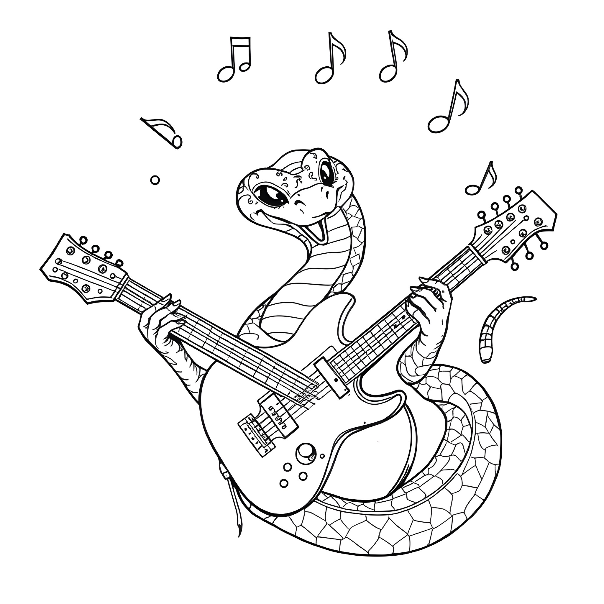 Snake playing guitar with musical notes Coloring Page (free black-and-white line drawing printable PDF for all, from beginners to advanced learners, including children, teens, adults, and seniors)