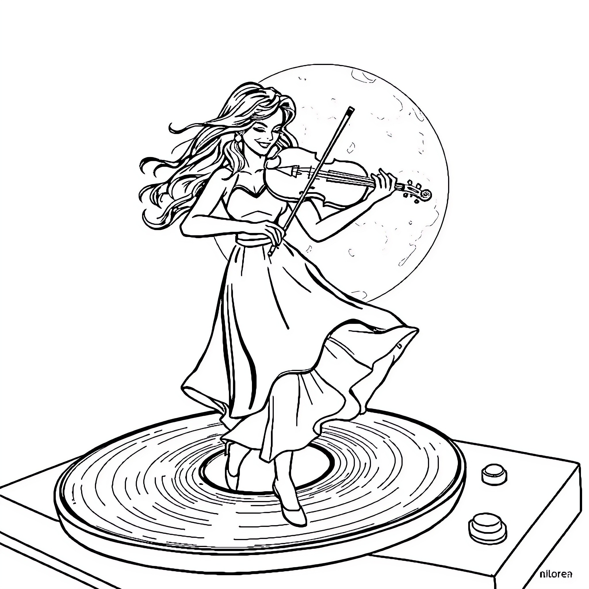 Violinist performing on a record player platform Coloring Page (free black-and-white line drawing printable PDF for all, from beginners to advanced learners, including children, teens, adults, and seniors)