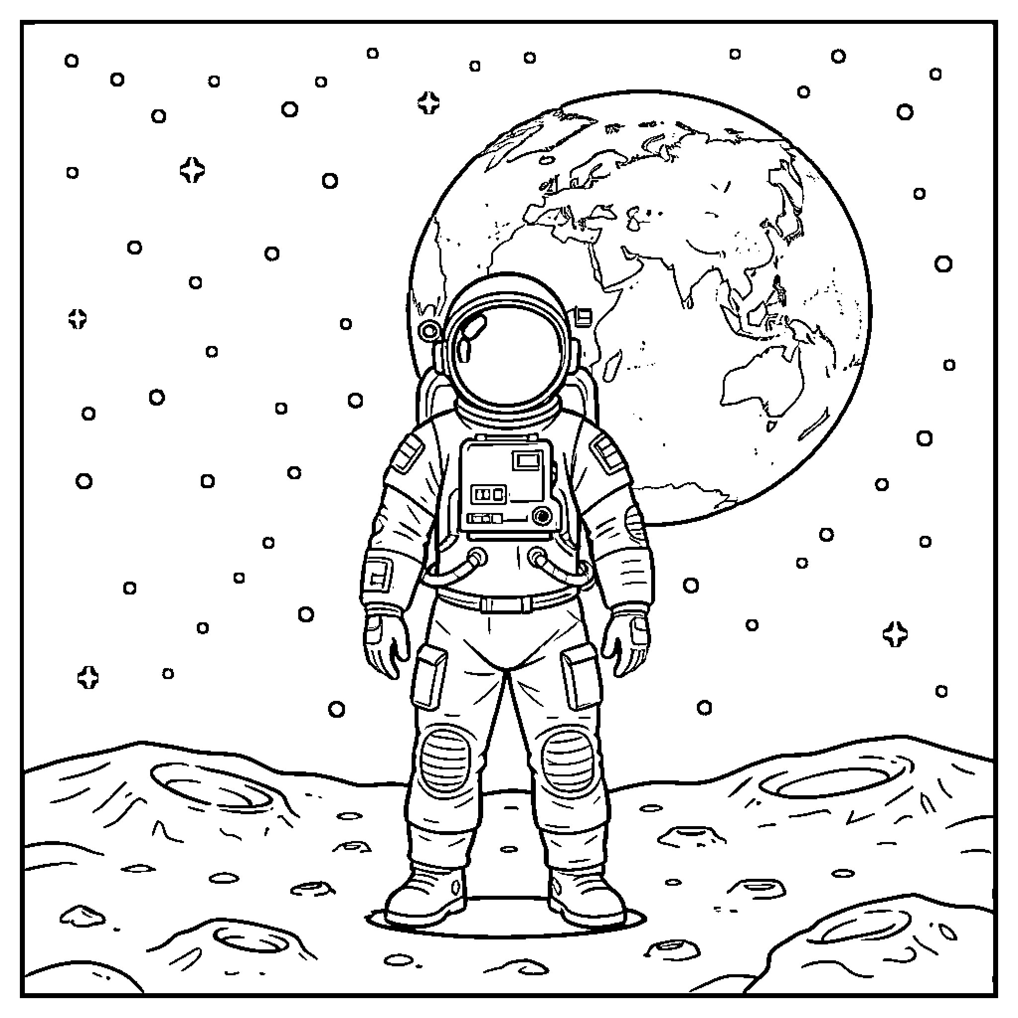 Astronaut exploring the lunar surface Coloring Page (free black-and-white line drawing printable PDF for all, from beginners to advanced learners, including children, teens, adults, and seniors)