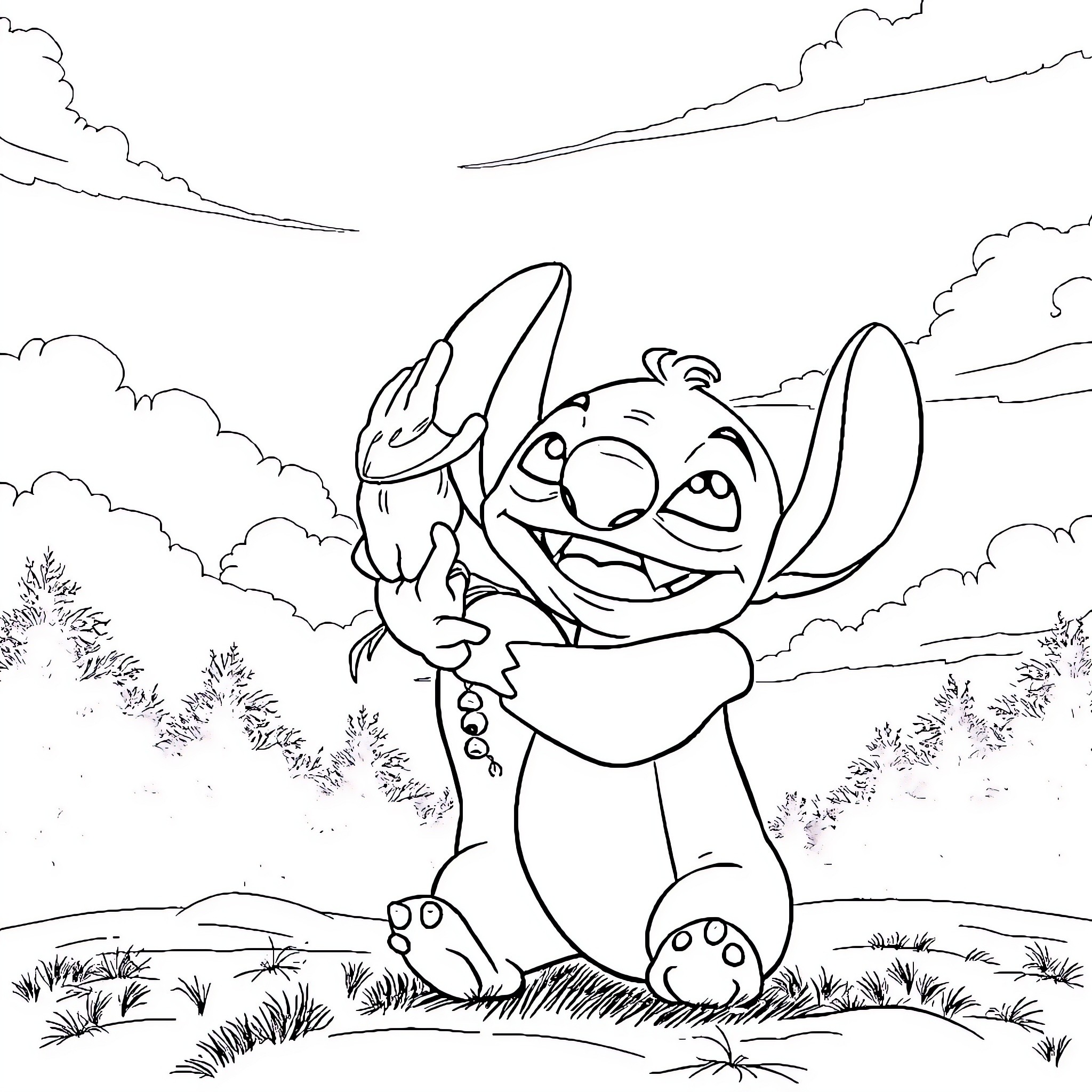 Stitch Enjoying the Outdoors Coloring Page (free black-and-white line drawing printable PDF for all, from beginners to advanced learners, including children, teens, adults, and seniors)