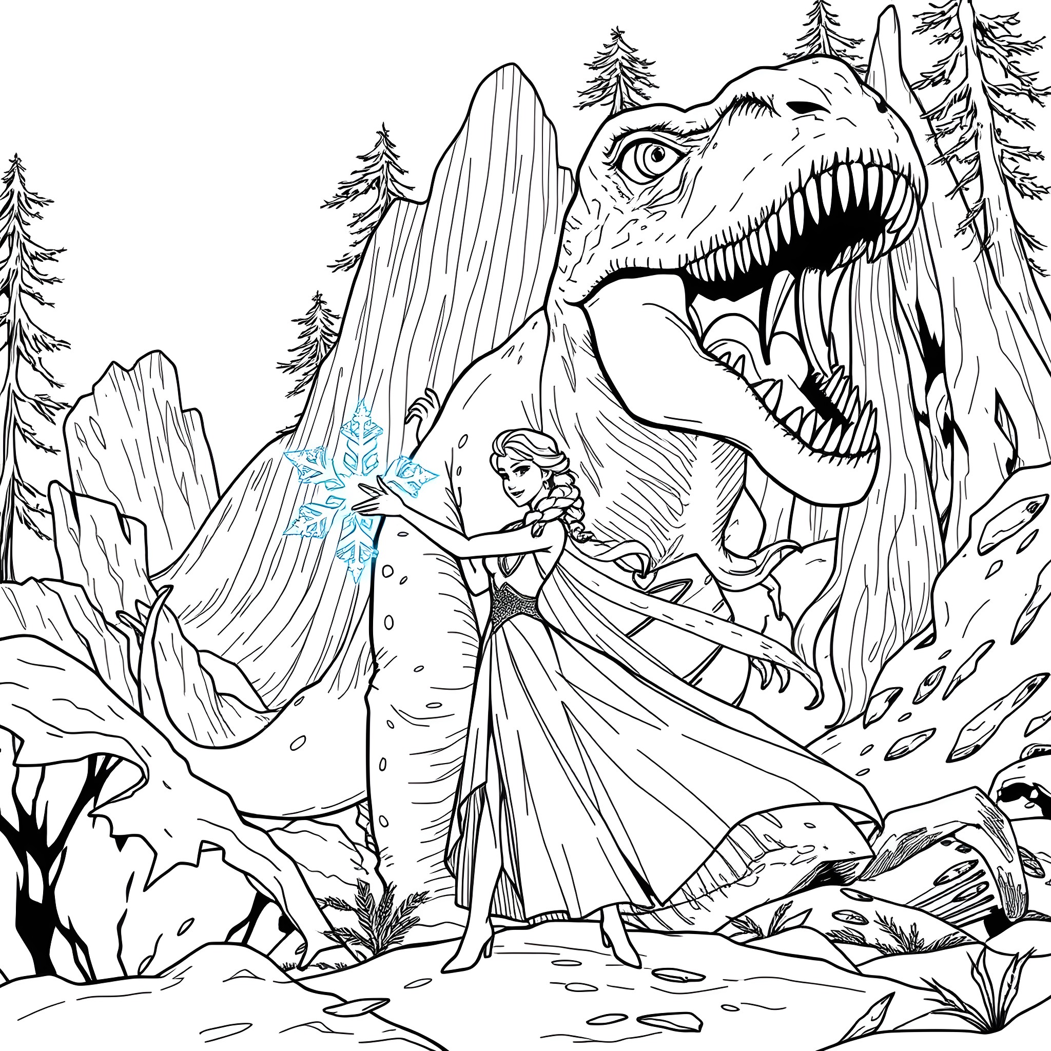 Elsa's Encounter with the Fierce Dinosaur in the Icy Landscape Coloring Page (free black-and-white line drawing printable PDF for all, from beginners to advanced learners, including children, teens, adults, and seniors)