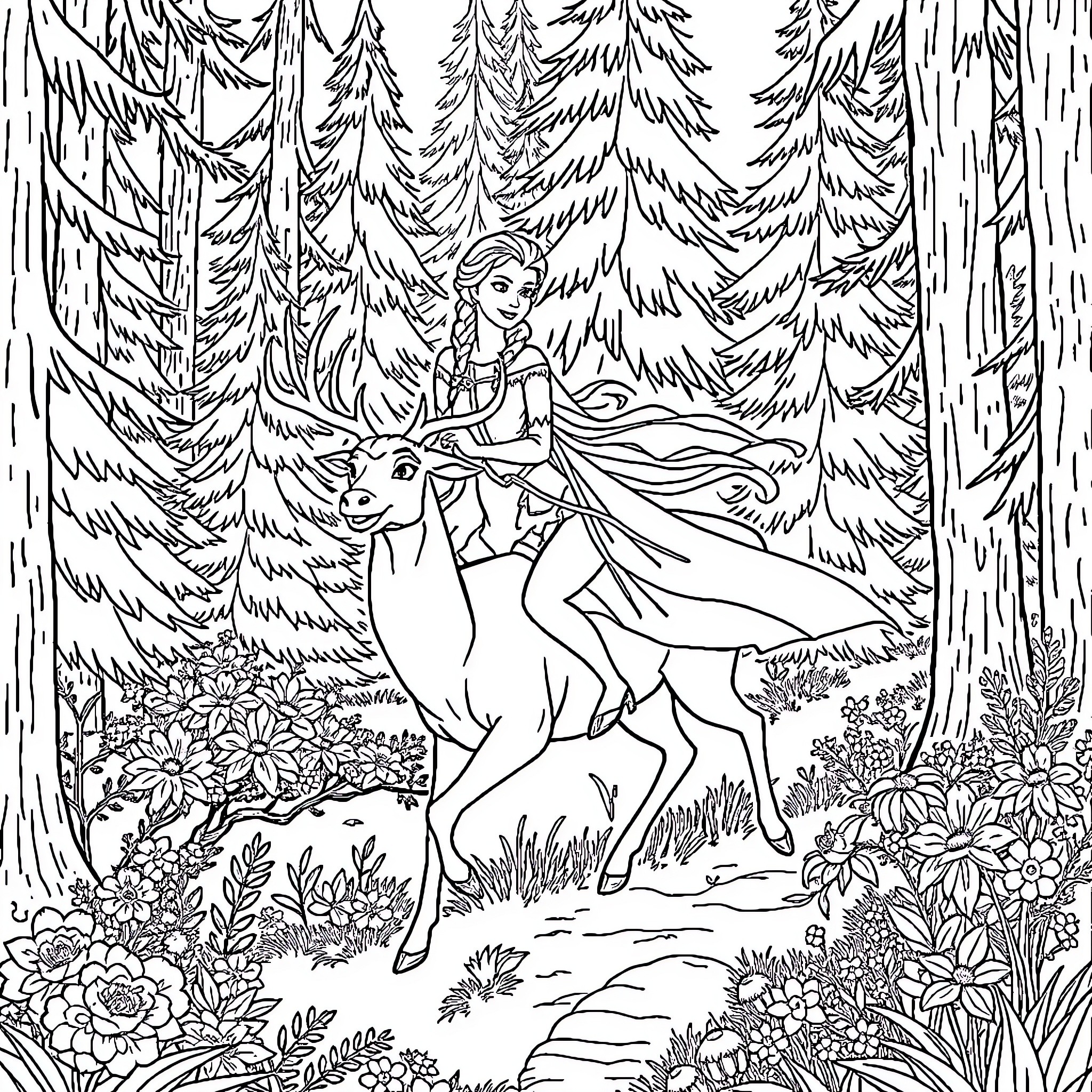 Elsa riding a reindeer through the enchanted forest Coloring Page (free black-and-white line drawing printable PDF for all, from beginners to advanced learners, including children, teens, adults, and seniors)
