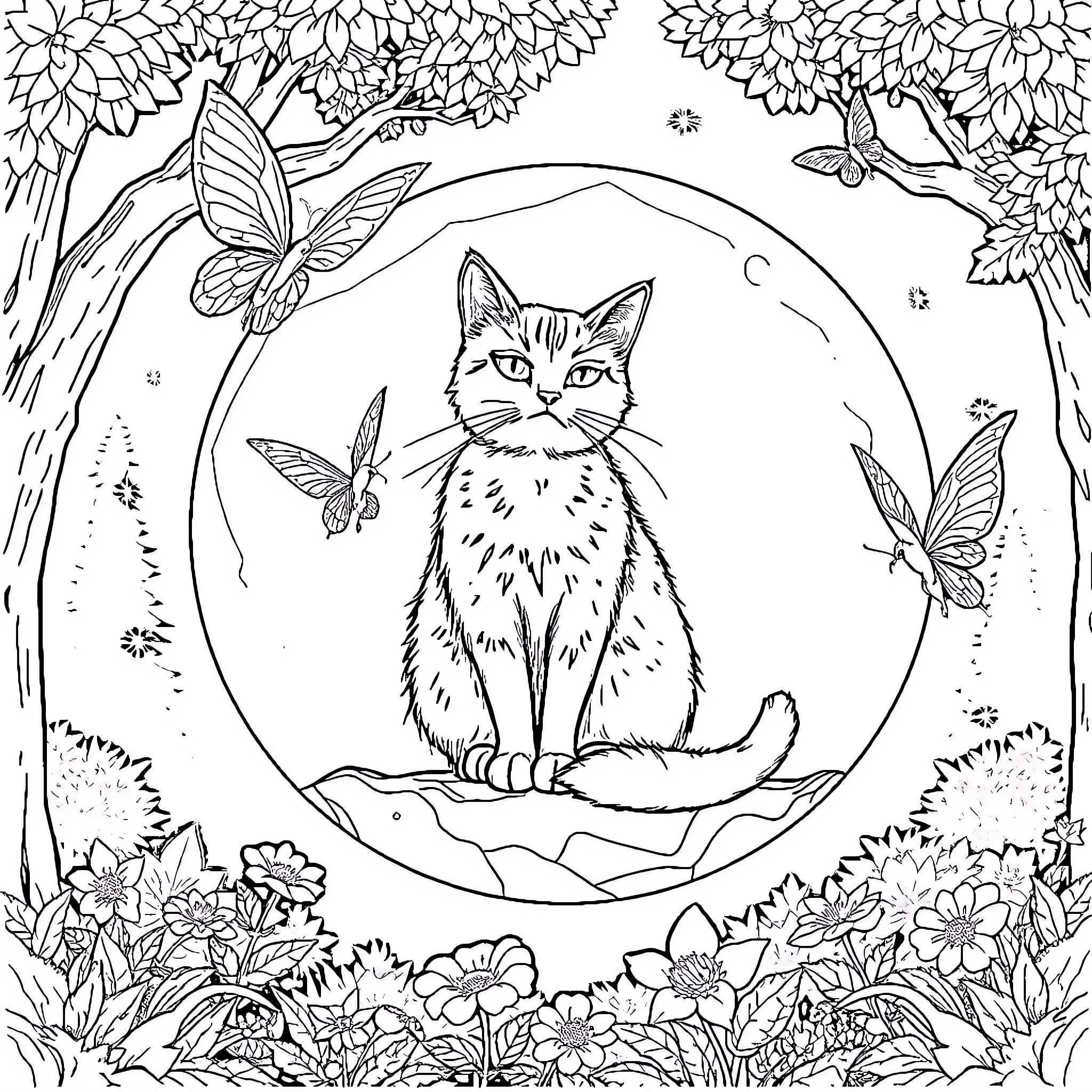 Cat in a magical forest with butterflies Coloring Page (free black-and-white line drawing printable PDF for all, from beginners to advanced learners, including children, teens, adults, and seniors)
