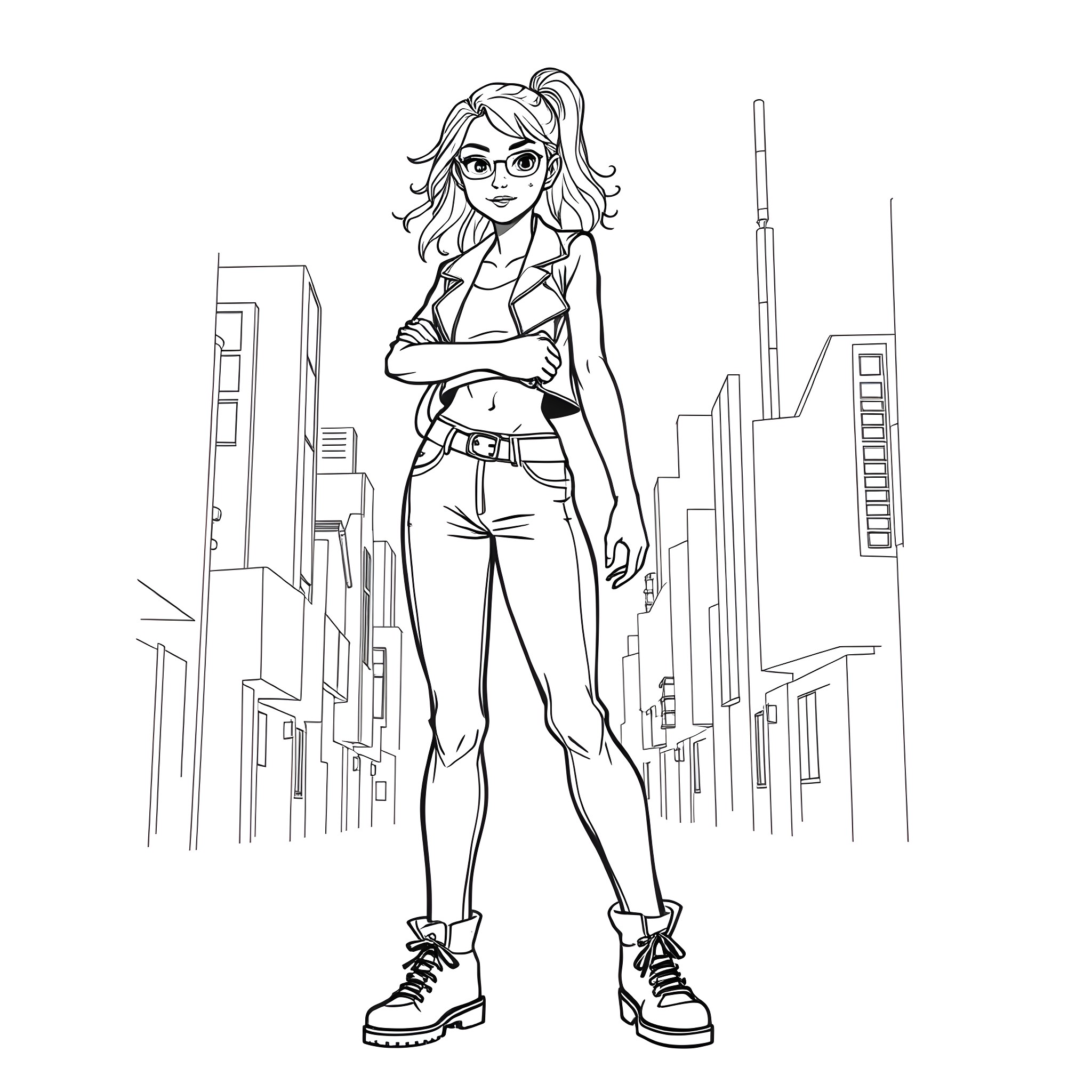Girl in casual outfit posing in the city Coloring Page (free black-and-white line drawing printable PDF for all, from beginners to advanced learners, including children, teens, adults, and seniors)
