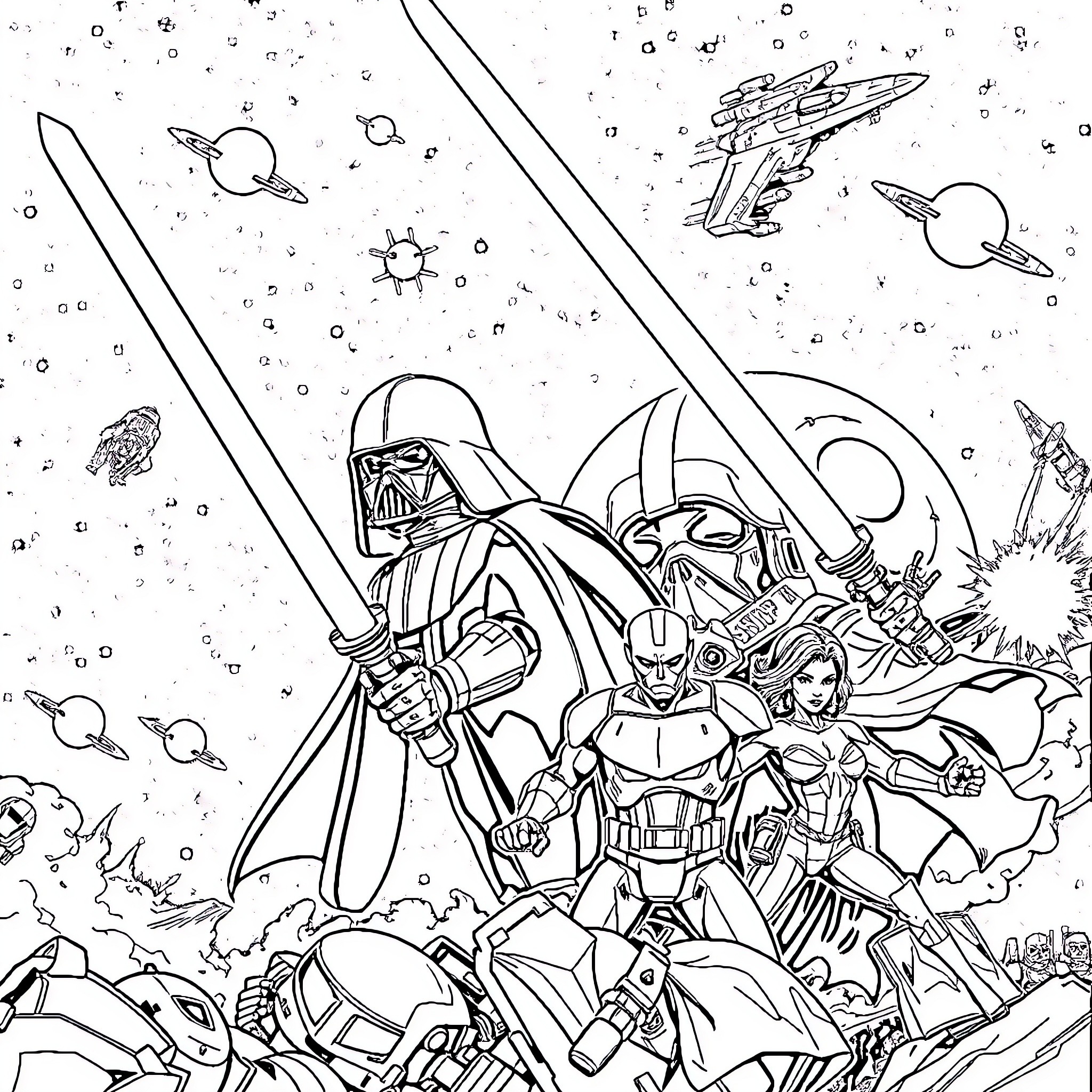Star Wars Characters in Epic Space Battle Coloring Page (free black-and-white line drawing printable PDF for all, from beginners to advanced learners, including children, teens, adults, and seniors)