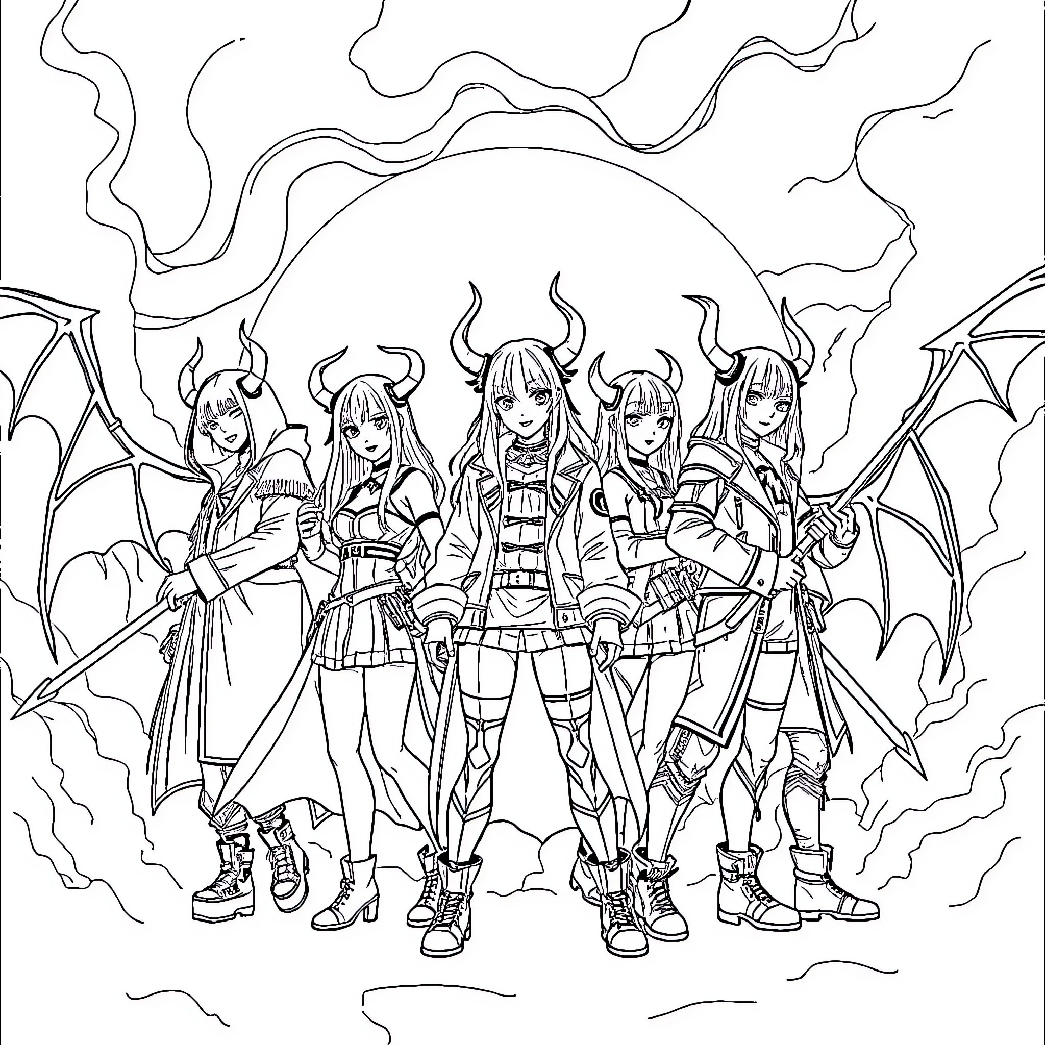 Demon Hunter Squad in Action Coloring Page (free black-and-white line drawing printable PDF for all, from beginners to advanced learners, including children, teens, adults, and seniors)