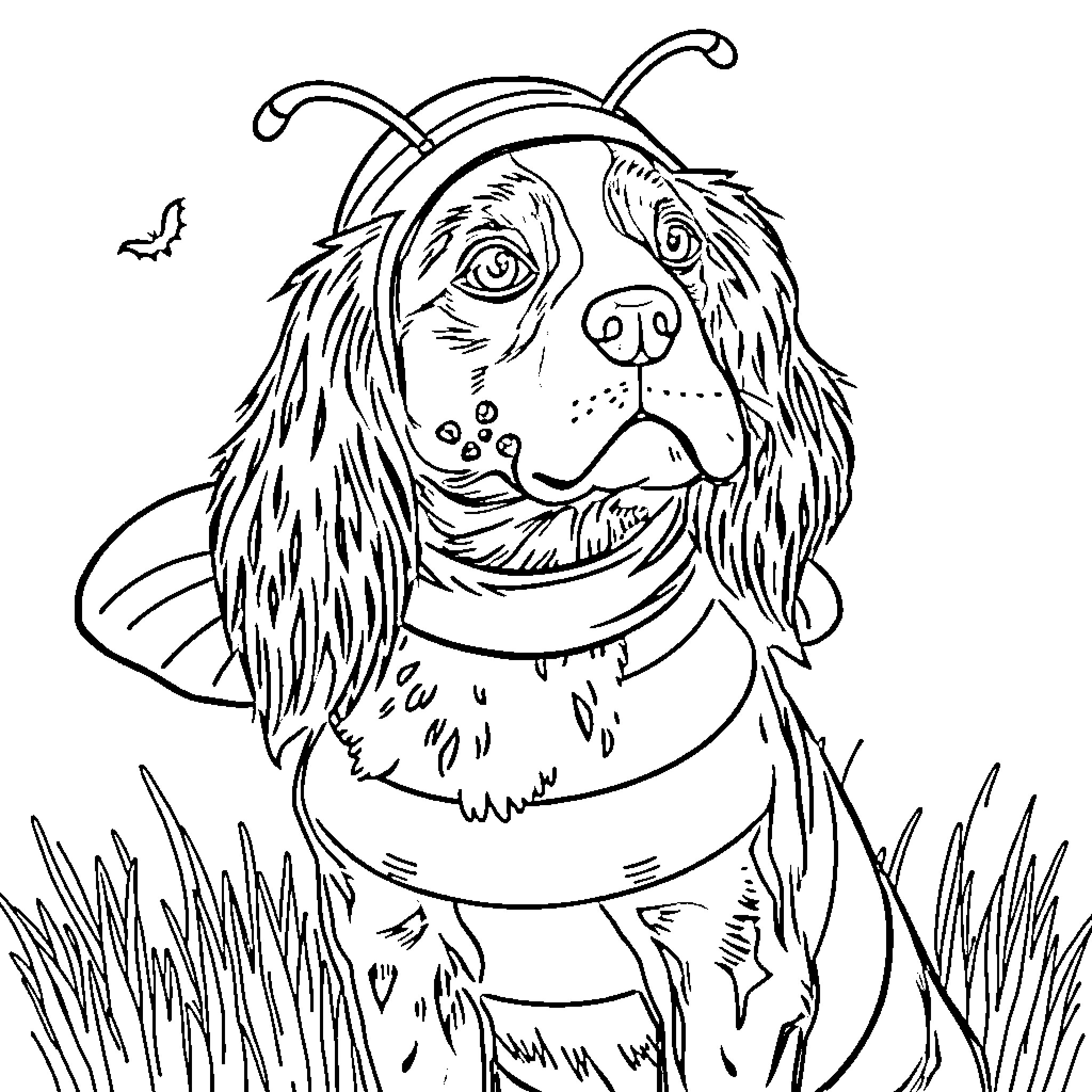 Brittany Spaniel enjoying nature in a costume Coloring Page (free black-and-white line drawing printable PDF for all, from beginners to advanced learners, including children, teens, adults, and seniors)