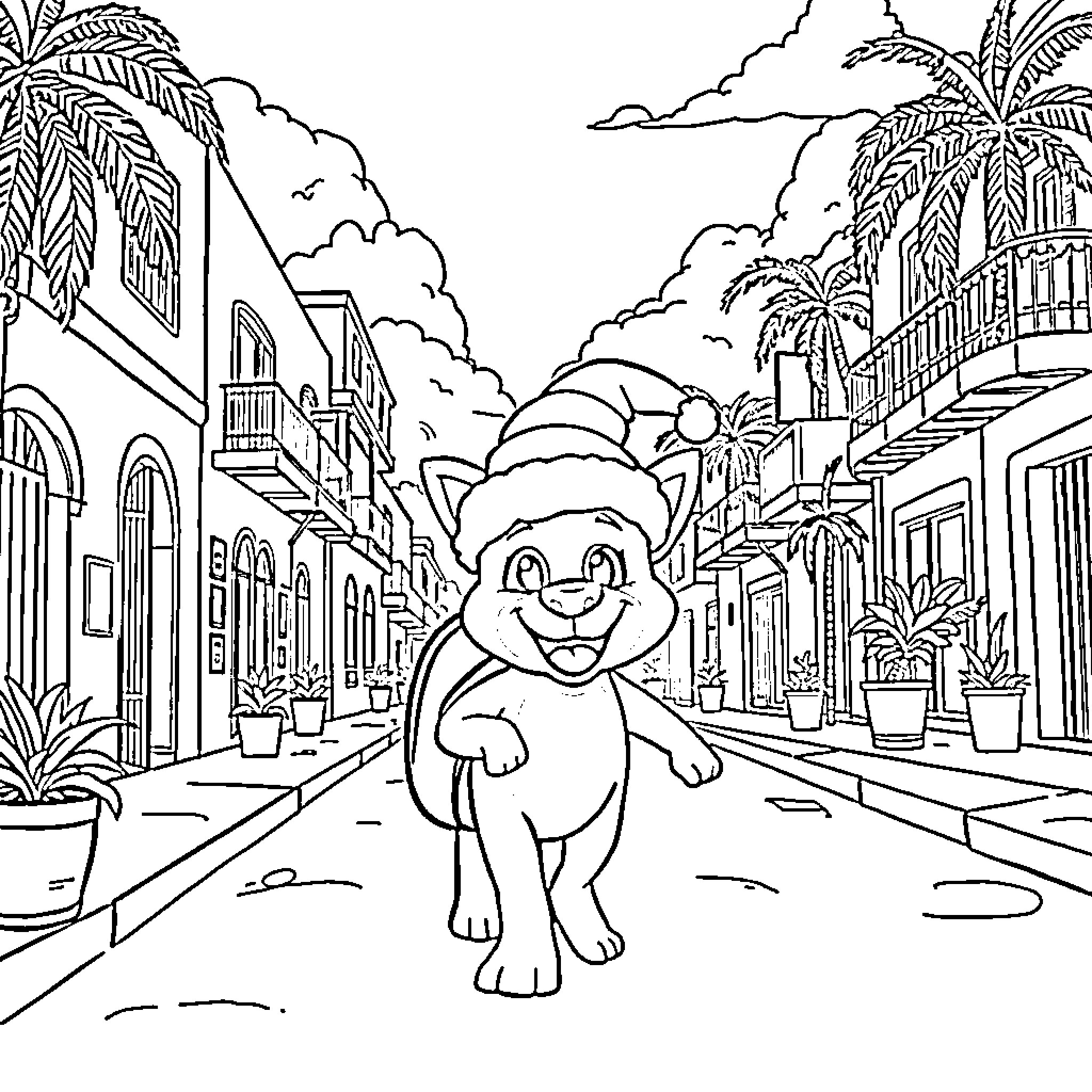 Bluey Explores the Vibrant City Coloring Page (free black-and-white line drawing printable PDF for all, from beginners to advanced learners, including children, teens, adults, and seniors)