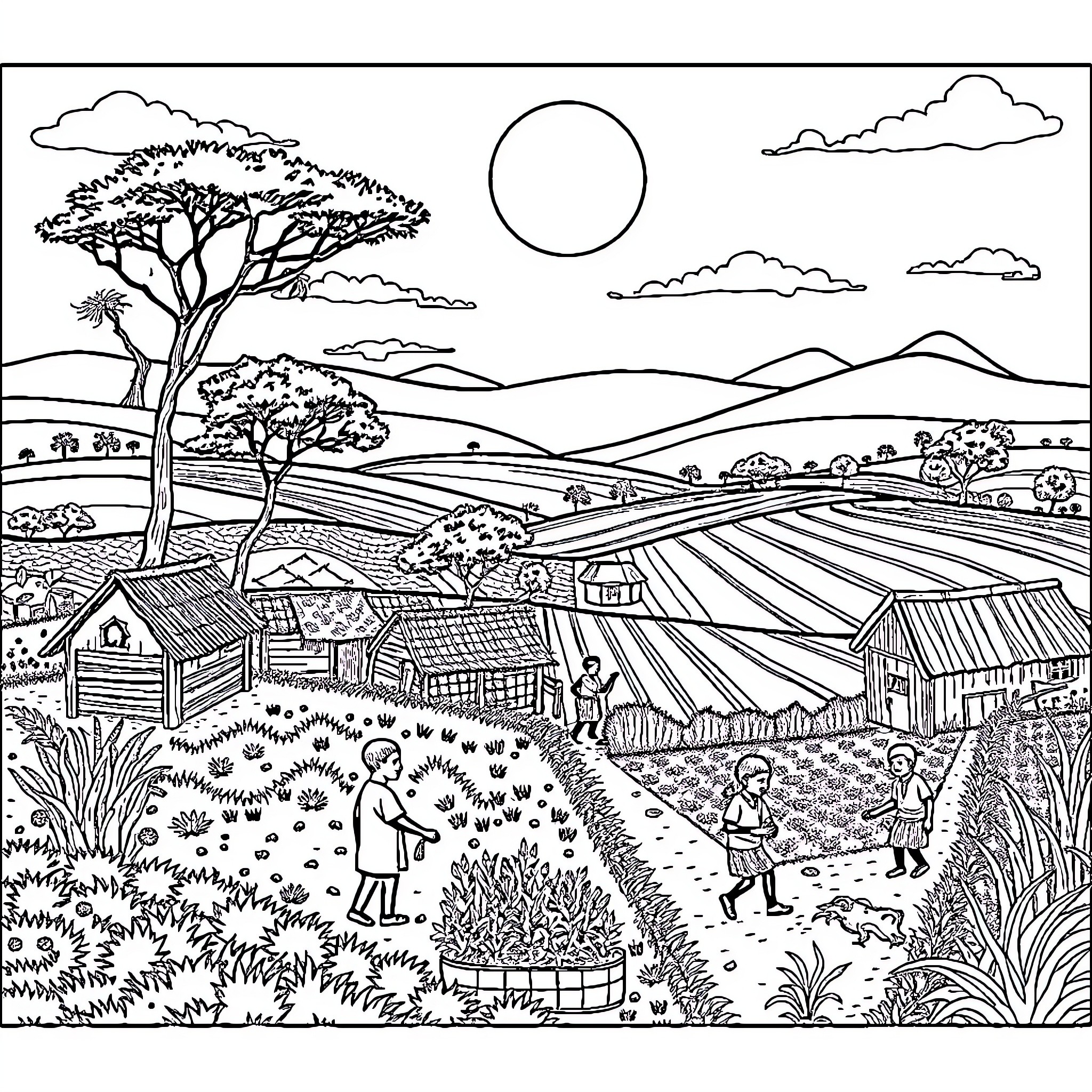 Rural Life in a Vibrant Countryside Scene Coloring Page (free black-and-white line drawing printable PDF for all, from beginners to advanced learners, including children, teens, adults, and seniors)