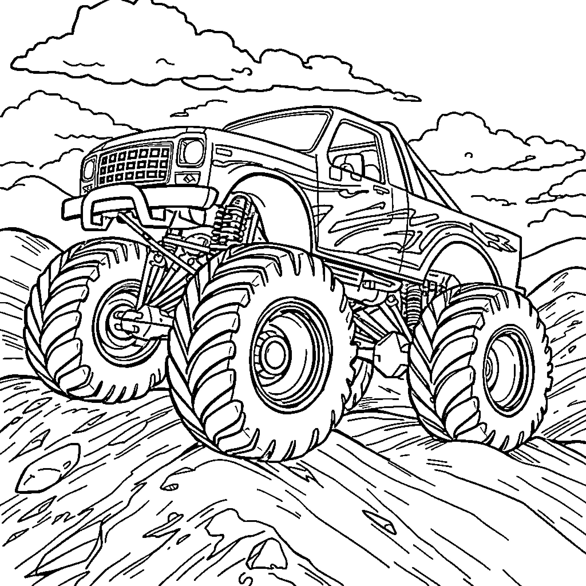 Monster Truck Blazing through the Rugged Terrain Coloring Page (free black-and-white line drawing printable PDF for all, from beginners to advanced learners, including children, teens, adults, and seniors)
