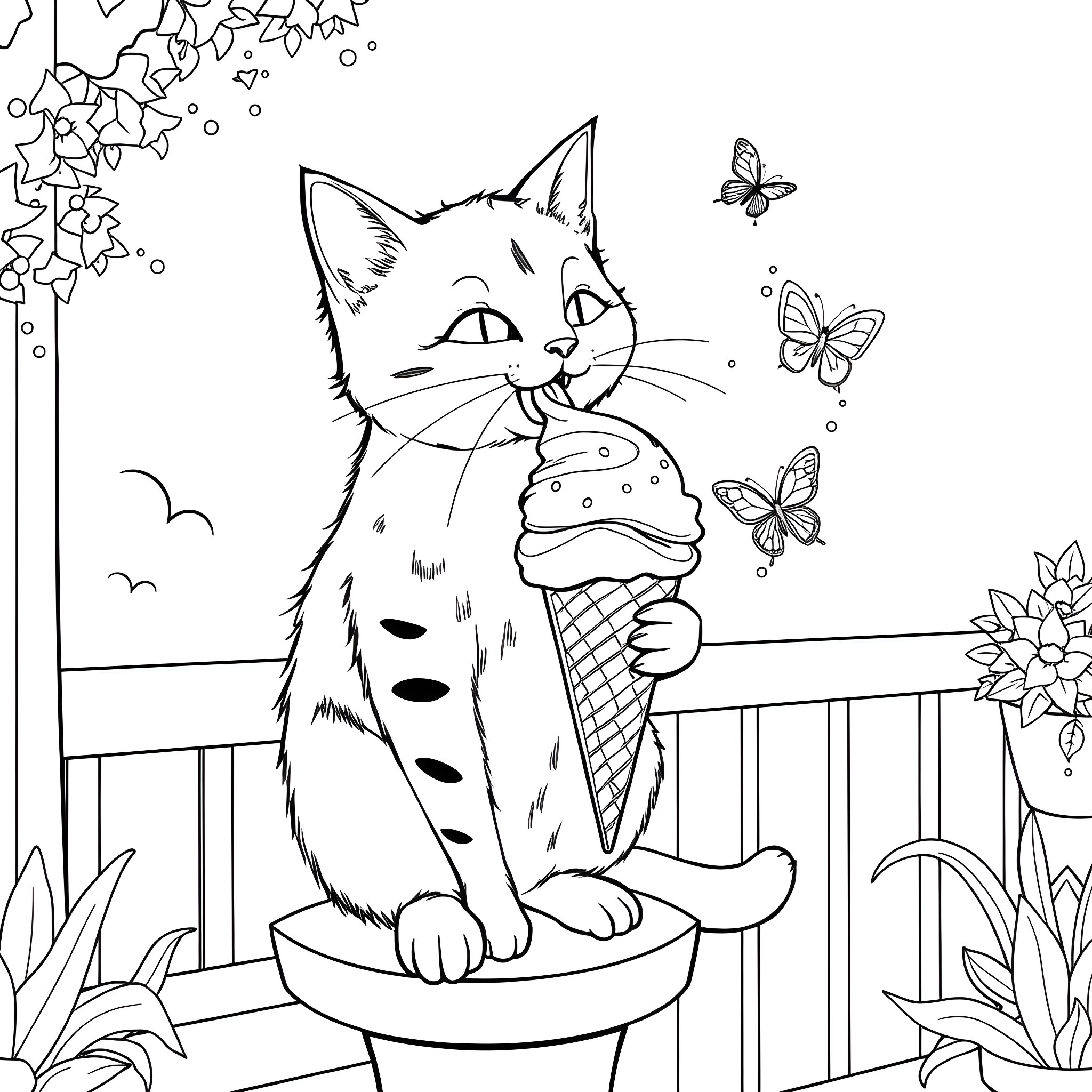 Cat enjoying an ice cream cone with butterflies Coloring Page (free black-and-white line drawing printable PDF for all, from beginners to advanced learners, including children, teens, adults, and seniors)