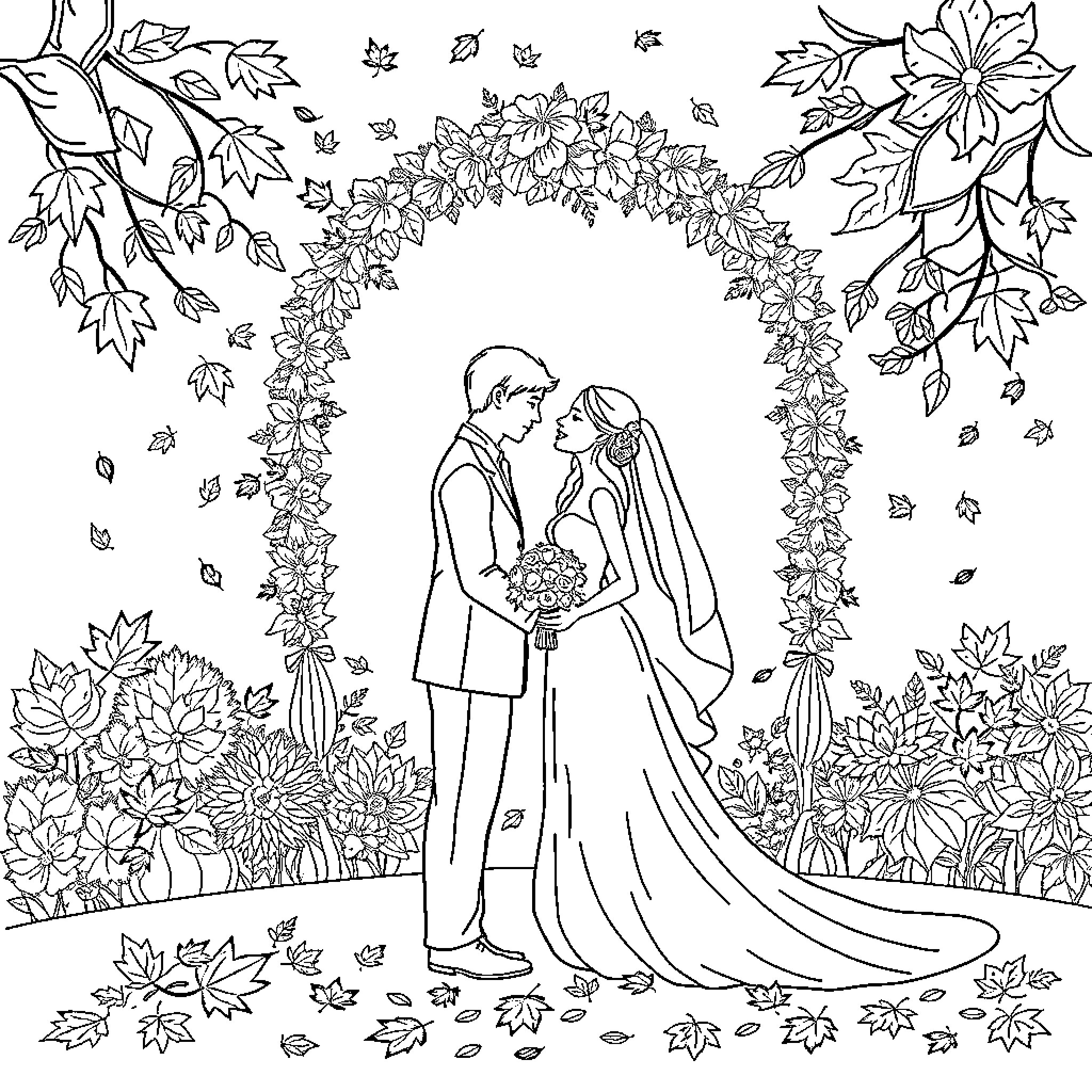 Wedding Celebration in a Floral Arch Coloring Page (free black-and-white line drawing printable PDF for all, from beginners to advanced learners, including children, teens, adults, and seniors)