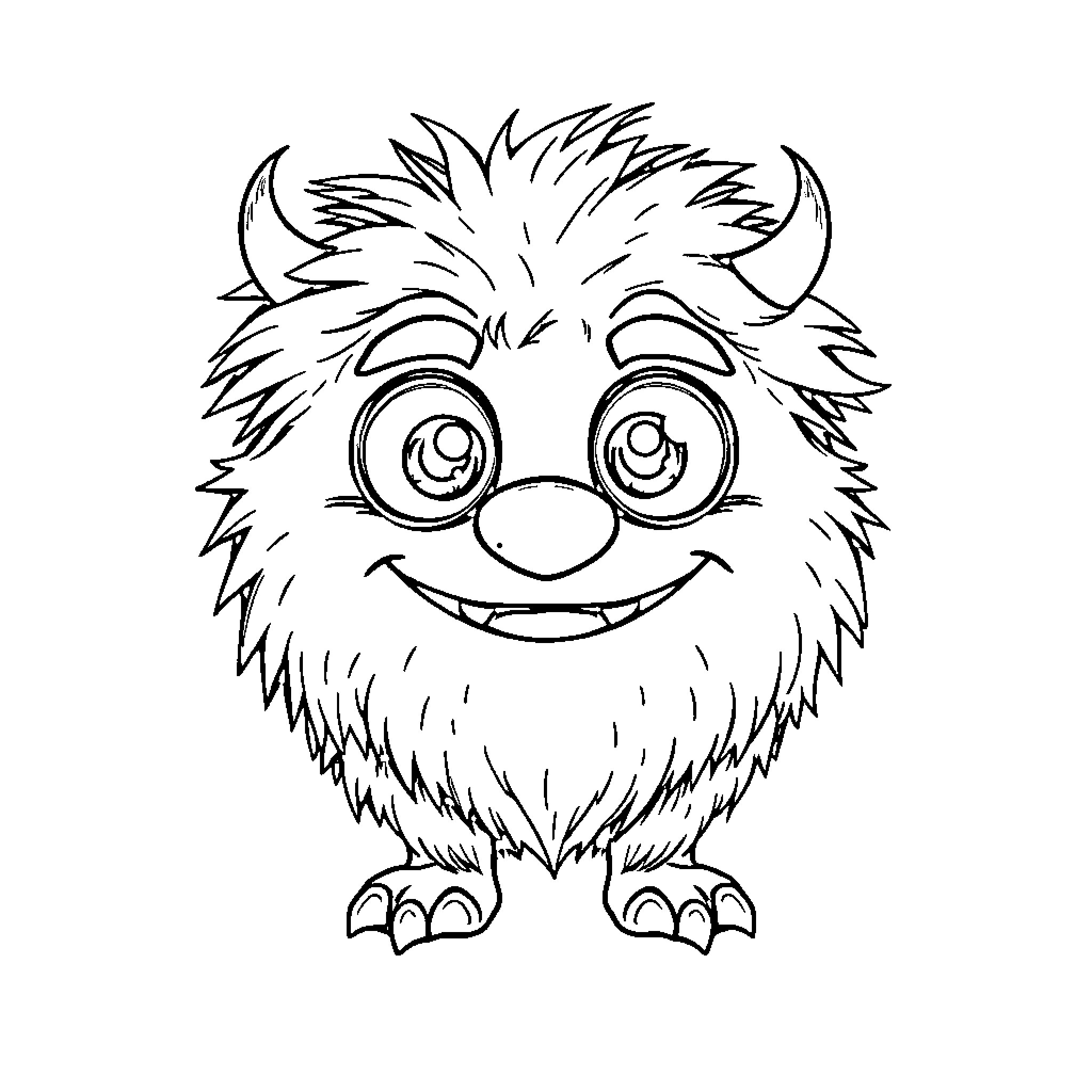 Monster Furry Creature with Cheerful Expression Coloring Page (free black-and-white line drawing printable PDF for all, from beginners to advanced learners, including children, teens, adults, and seniors)
