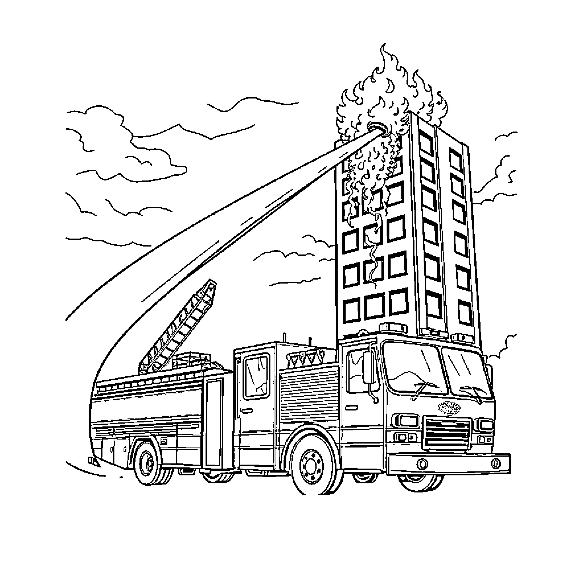 Fire Truck Responding to Burning Building Incident Coloring Page (free black-and-white line drawing printable PDF for all, from beginners to advanced learners, including children, teens, adults, and seniors)
