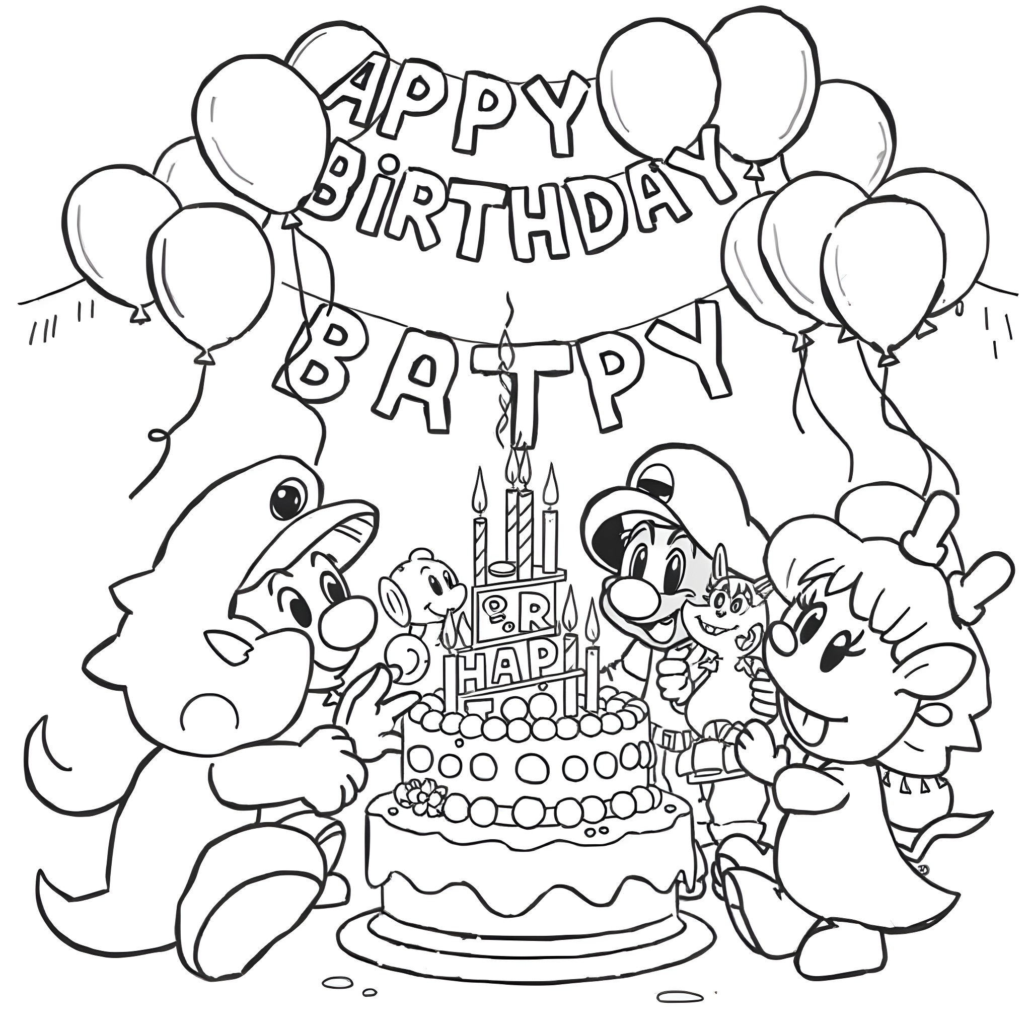 Super Smash Brothers Happy Birthday Party Coloring Page (free black-and-white line drawing printable PDF for all, from beginners to advanced learners, including children, teens, adults, and seniors)